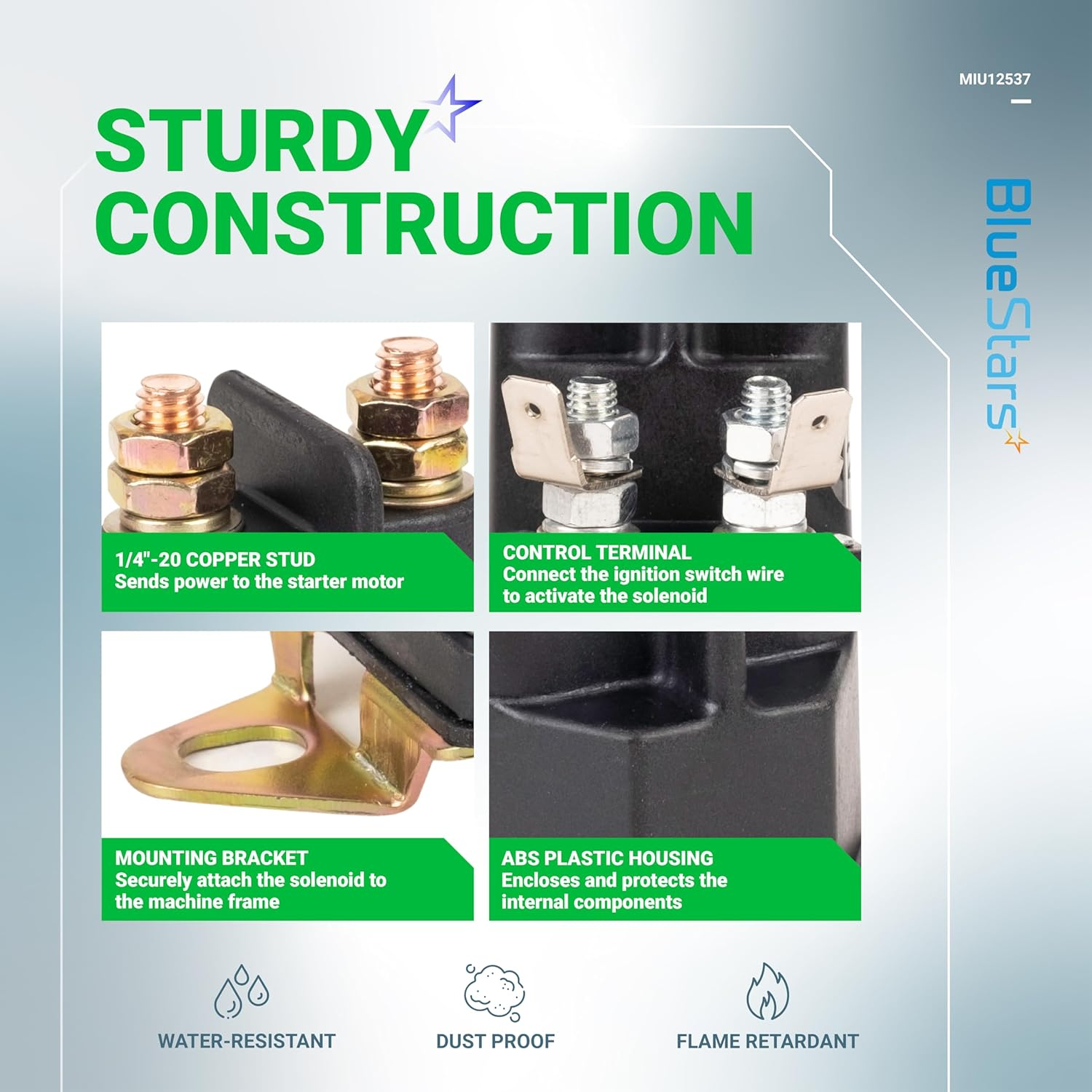 Bluestars MIU12537 Starter Solenoid - Compatible with John Deere S240 X300 X304 X305R X310 X320 X324 X350 X354 X360 X370 X380 X384 X390 X394 Lawn Tractors - Replaces 884-1221-210-02 892-1221-210 image number 2