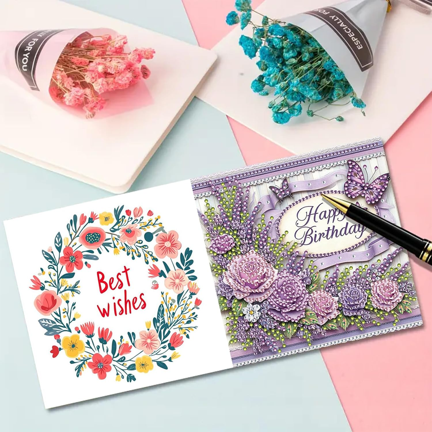 Awesocrafts 6Pcs Diamond Art Christmas Cards Kits Happy Birthday, Anniversary DIY Diamond Painting Cards Sets, 5D Crystal Art Card with Envelopes, Postcards for Handmade, Xmas 30 * 15Cm (Happy) image number 1