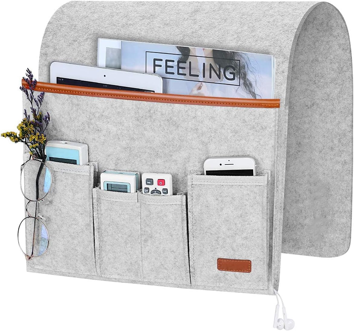 Sofa Armrest Organizer, Hanging Sofa Caddy Storage Bag with Long Flap and Hook, Sofa Remote Control Holder Bag with 5 Pockets for Magazine, Glasses, Tablet, Phone, Ipad, Non-Slip (Grey) - Grey image number 2