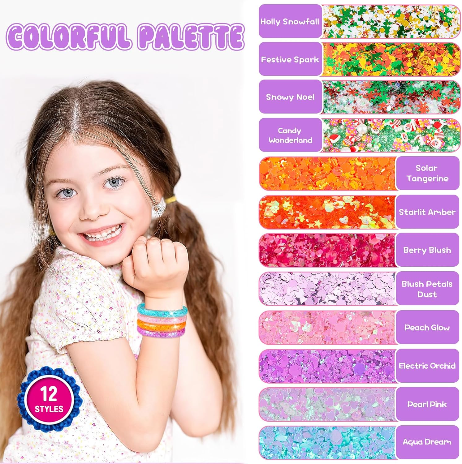 Fairymaker Glitter Bracelet Making Kit for Girls, DIY Arts and Crafts Kit with 12 Bracelets, 8 Glitter Colours, 4 Gemstone Types, Laser Sparkle Shapes for Kids&rsquo; Birthday, Children Gifts for Ages 6-12 (Christmas) image number 2