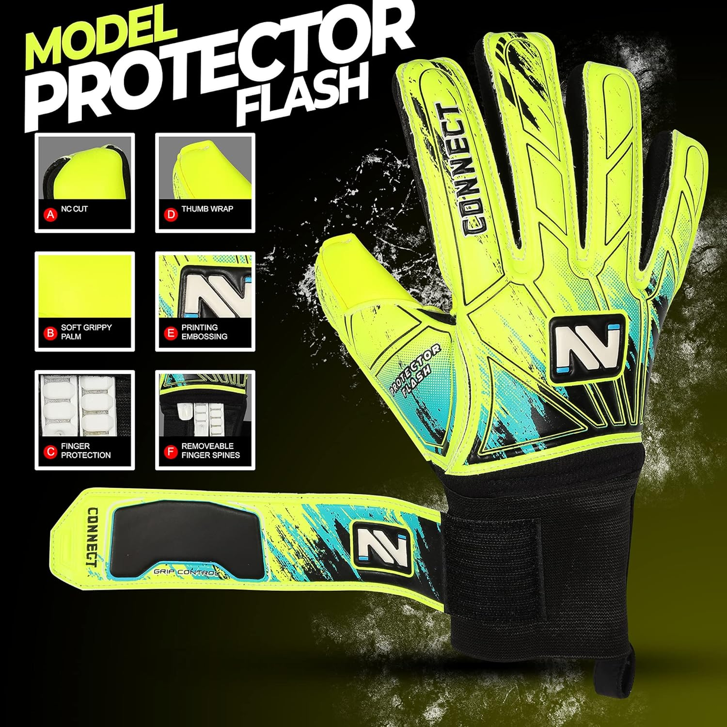 Connect Goalkeeper Gloves Premium Grip, Goalkeeper Gloves Kids, Youth & Adult, Football Gloves with Finger Support, Goalie Gloves, Goalkeeping Gloves Size 4/5/6/7/8/9/10 image number 1