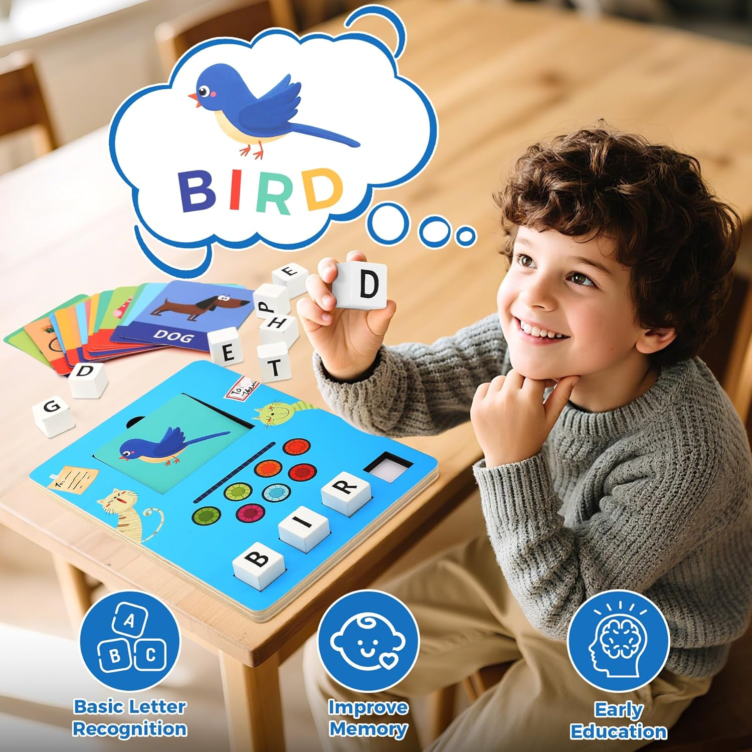 Wooden Learning Games for Kids Ages 3-8, Matching Letter Game with Spelling Flash Cards for Toddler, Early Learning Educational Toys for Children, Birthday Party Gifts for Son and Daughter, Blue image number 1
