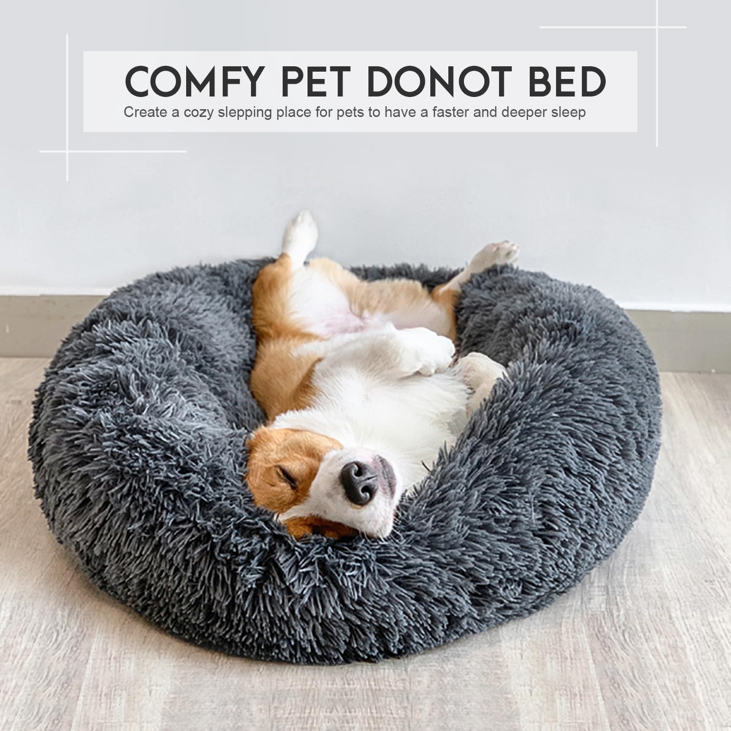 Dog Calming Donut Bed, Fluffy Plush Pet Bed Pillow Sofa Bed for Medium Large Dogs Cats, anti Anxiety Pet Bed Cuddle round Cushion with Non-Skid Bottom Washable, 80CM, Deep Grey image number 4