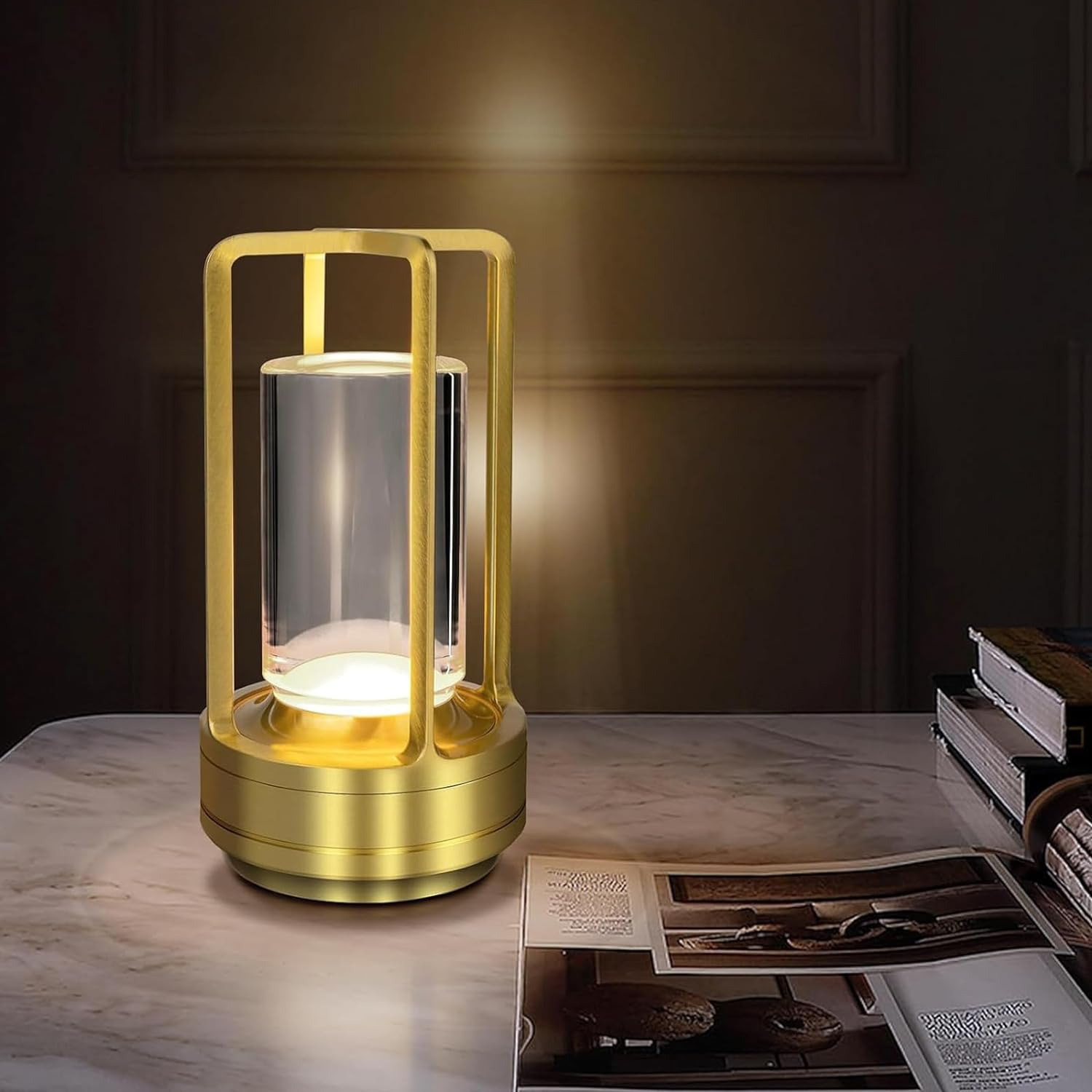 Cordless Table Lamp, LED Lamp with 2000Ma Battery, 3 Color Stepless Dimming, Lumisom Crystal Lantern Lamp, Klarako Crystal Lantern Suitable for Bedroom/Bar/Cafe/Camping(Gold) 1 Pack image number 5