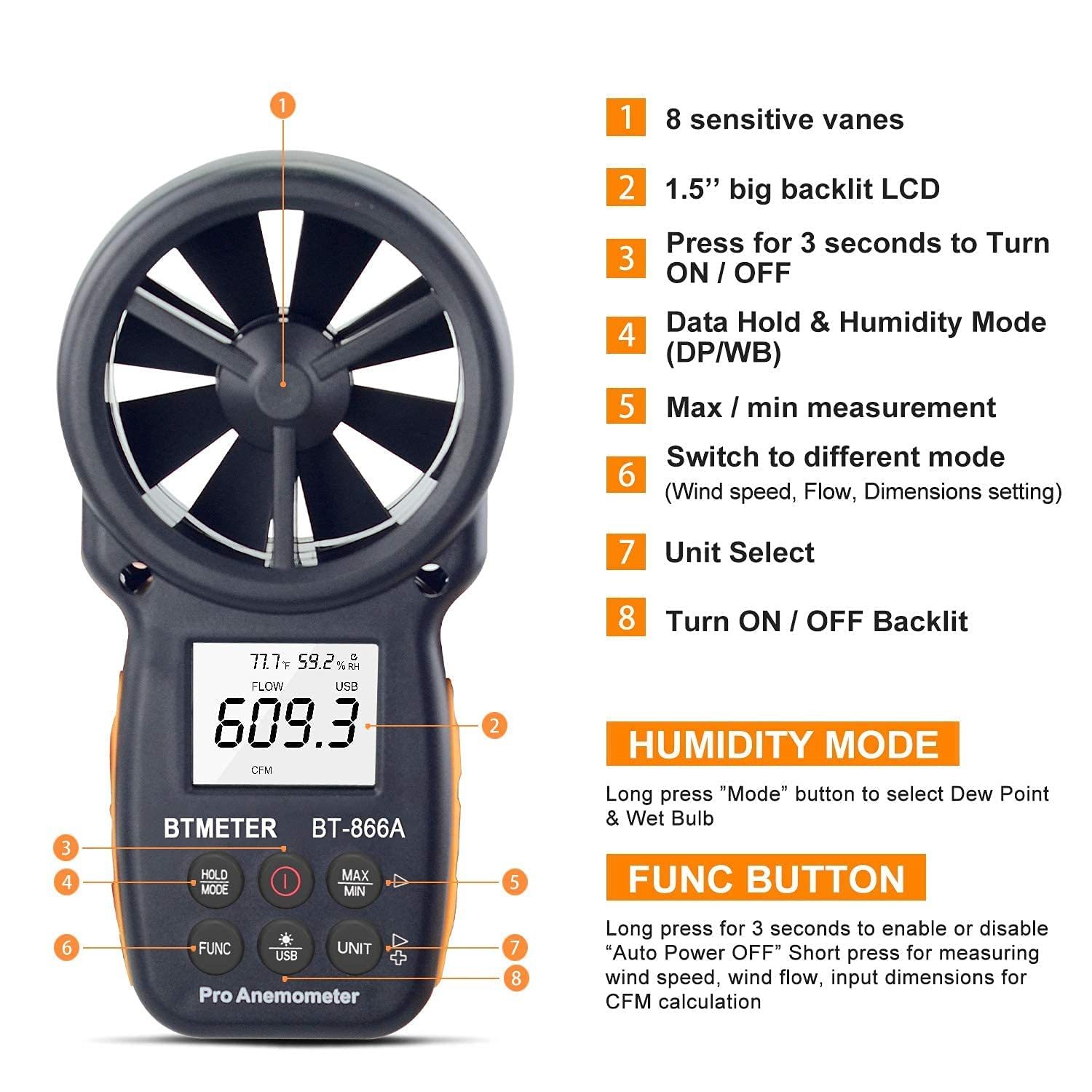 BTMETER BT-866A Pro Handheld HVAC Anemometer for CFM Air Flow, Wind Speed Meter Gauge Measures Wind Velocity Temp%Rh Dew Point with USB Sync to PC image number 2