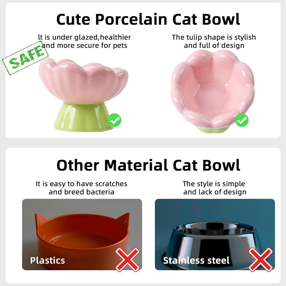 HYAVIA Ceramic Raised Cat Bowl &ndash; Pink Tulip Elevated Cat Dish, 13.5 CM Tall & Tilted, Whisker Friendly, Anti-Vomiting Pet Bowl for Small Indoor Cats & Dogs &ndash; Non-Slip, Cute Flower Design image number 4