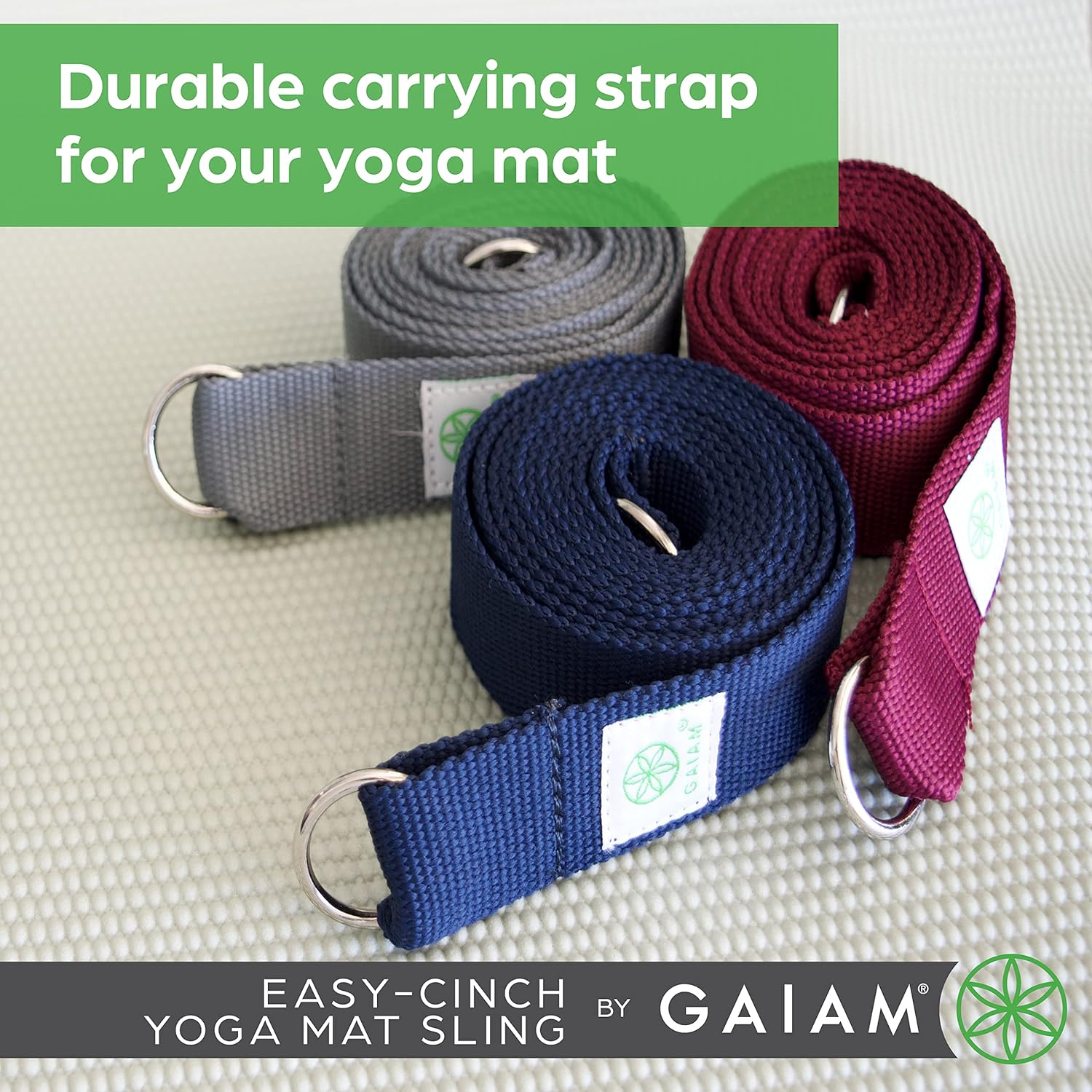 Gaiam Easy-Cinch Yoga Mat Sling - Durable Carrying Strap for Yoga Mat with Metal D-Rings for Secure Fit (No Mat Included) image number 1