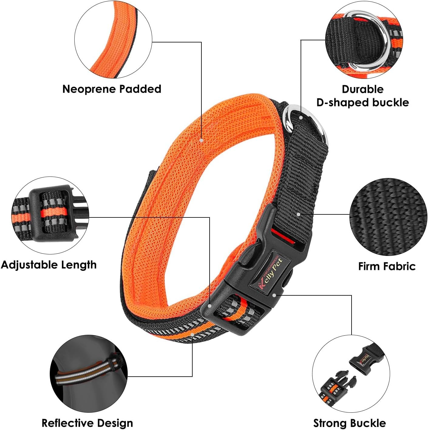 AUTOWT Reflective Dog Collar, Soft Neoprene Padded Breathable Nylon Pet Collar, Adjustable Classic Puppy Collars with Safety Locking Buckle for Small Medium Dogs Walking (Orange, S) - Black image number 2