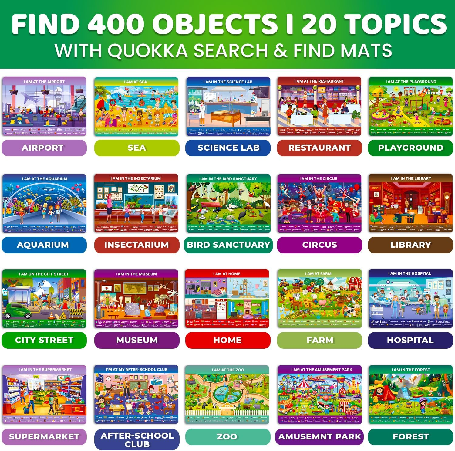 QUOKKA Search and Find Activity Cards for Kids 3-8 &ndash; Reusable Mats with Dry-Erase Marker, Explore 20 Topics, Road Trip Activities, and Travel Games for Kids Ages 3-5, Educational Toy for Preschoolers image number 4