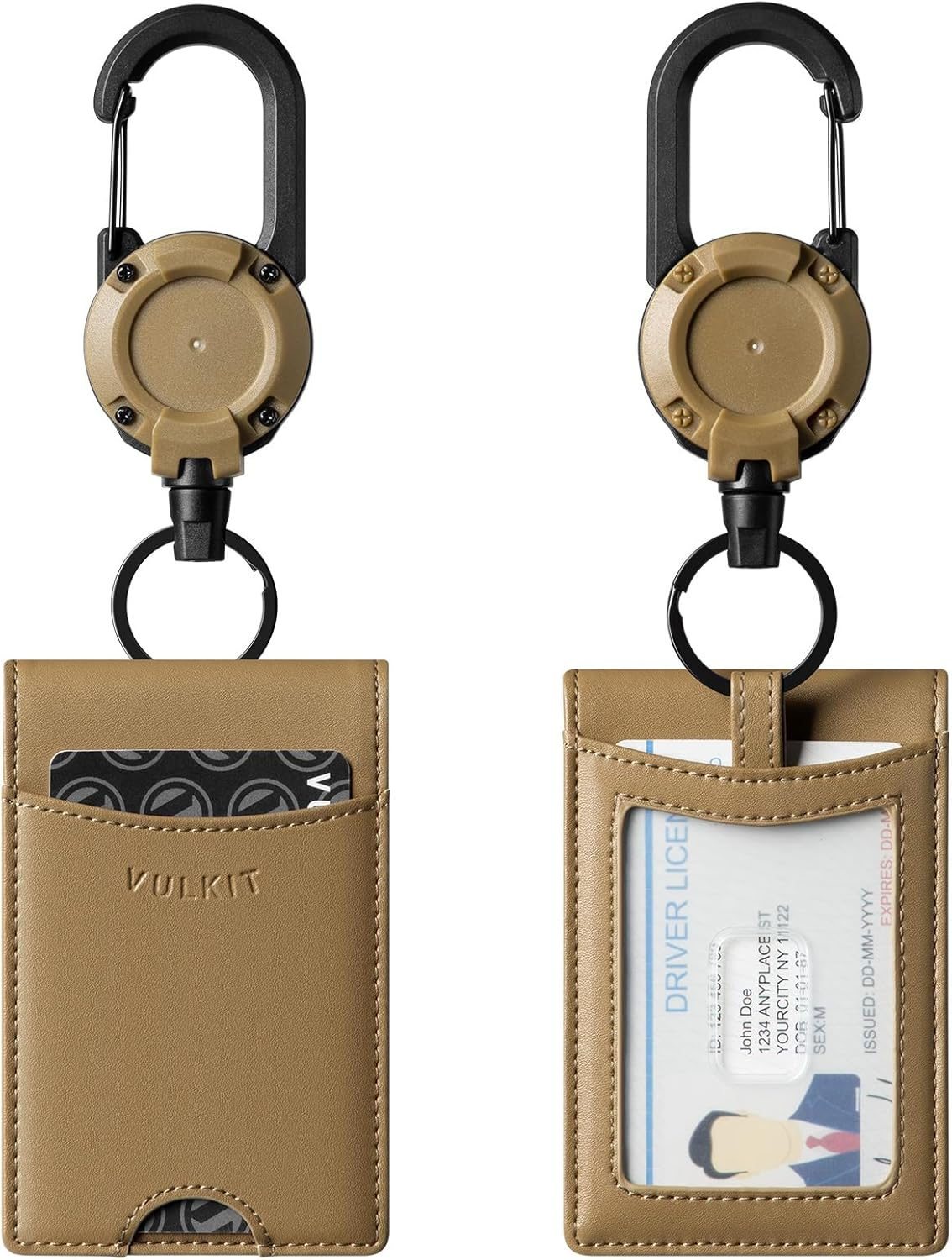 VULKIT Badge Holder Retractable Clip, Leather Bifold Double ID Card Holder, Retractable Keychain Carabiner, Holds 5 Cards, Keys Black