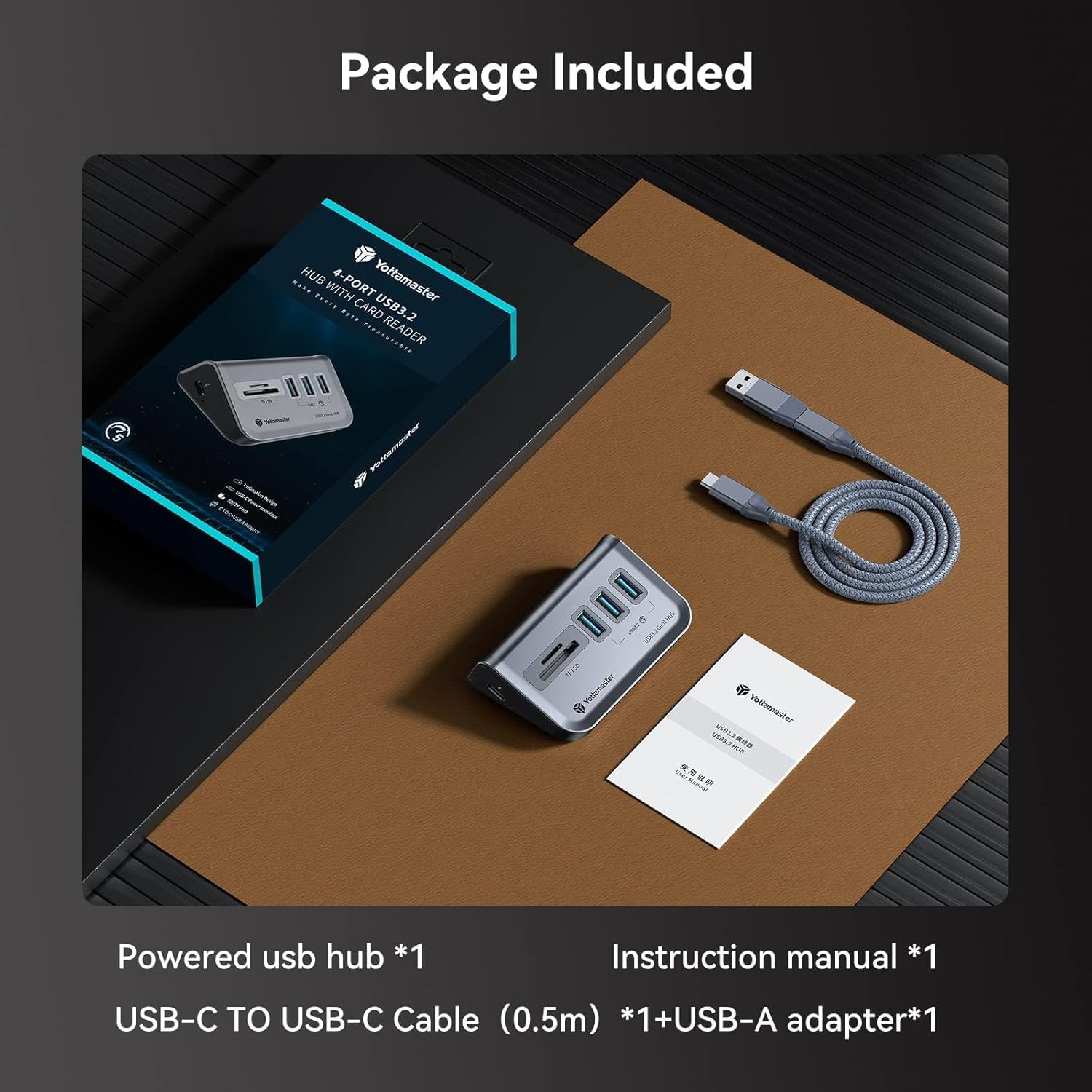 Yottamaster 4 Port USB 3.0 Hub, Powered USB Hub 5V / 2A, Type C to USB 3.2 Gen1 Data Hub with 3USB-A & SD/TF Card Reader for PC, Laptop(1.6Ft) GA1-3ATS-U3-GY-1 image number 2