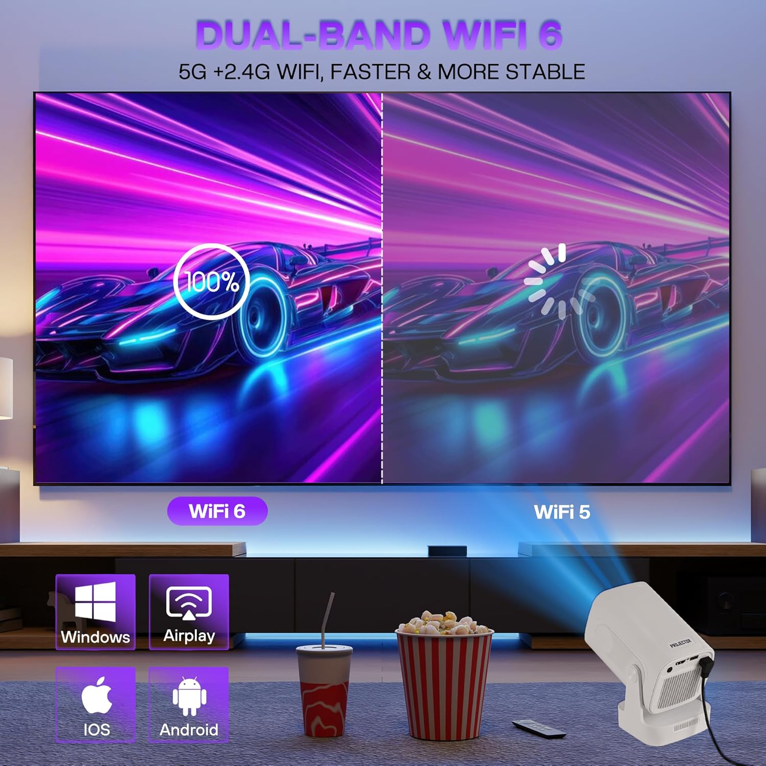 Advwin Mini Projector 4K Support, Full HD 1080P Portable Video Projector, with Dual Band Wifi 6 BT5.4, 200 ANSI, 270&deg; Rotatable, Auto Focus & Keystone, 130" Movie Projector for Phone/Windows/Hdmi image number 2