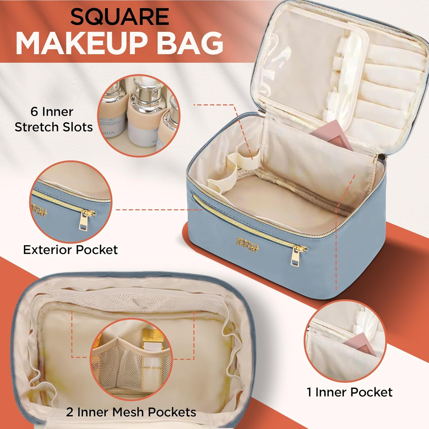 Leesh & CO Toiletry Bag -Travel Cosmetic Organizer with Brush Holders for Women -Eco-Friendly Vegan Leather, Waterproof & Durable-Perfect for Toiletries, Beauty Products,And Accessories-Light Blue image number 1