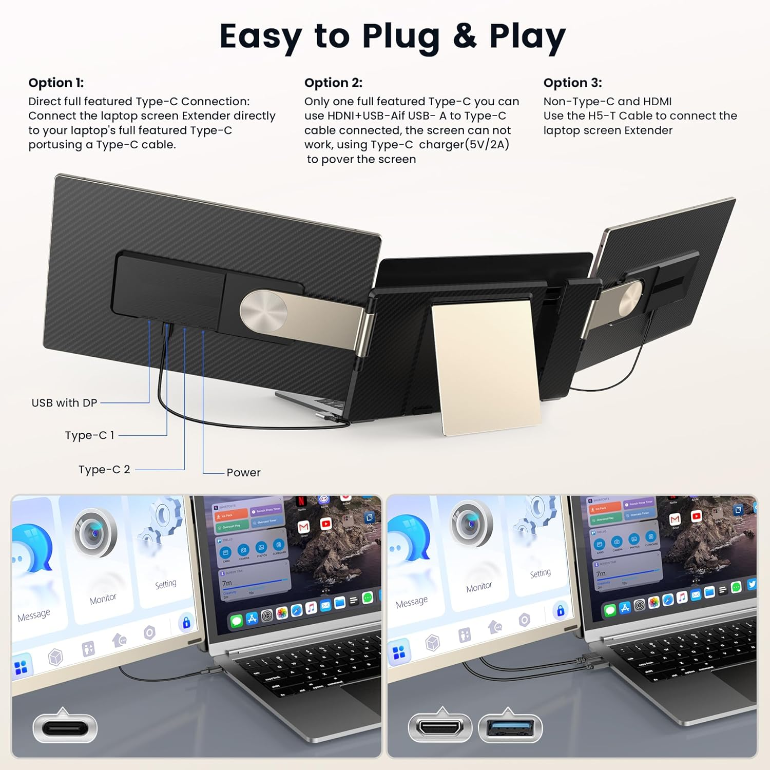 Updated Laptop Screen Extender,15.6" Portable Triple Monitor for 13&rdquo;-17.3&rdquo;Laptop with IPS FHD 1080P Display, Detachable Laptop Extended Monitor Compatible with Mac, Wins, Dex, Chrome image number 4