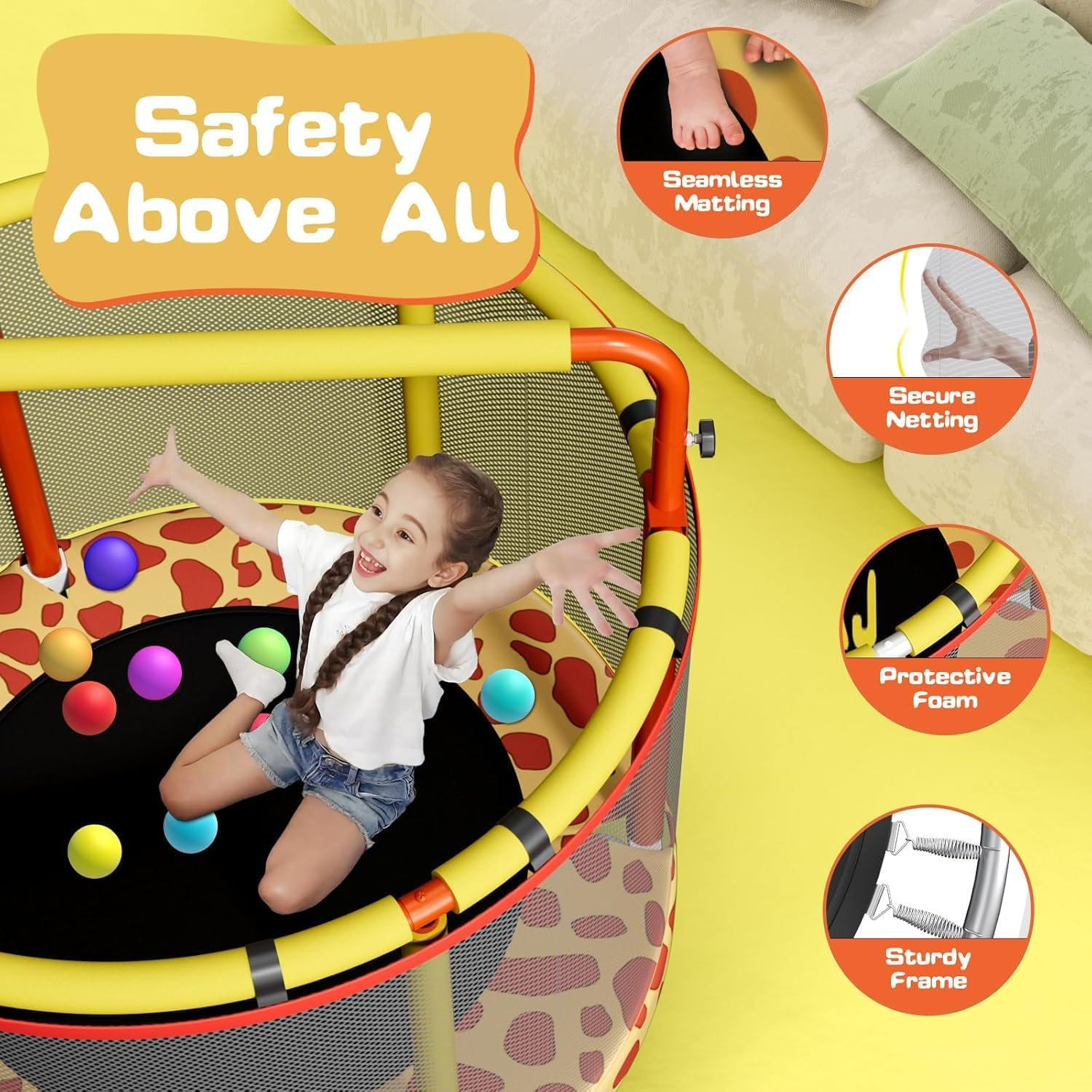 60" Trampoline for Kids with Enclosure, 440Lbs Capacity Indoor & Outdoor Toddler Trampoline with Adjustable Gymnastics Bar & Toys, for Boys & Girls (Yellow, 60In) image number 4