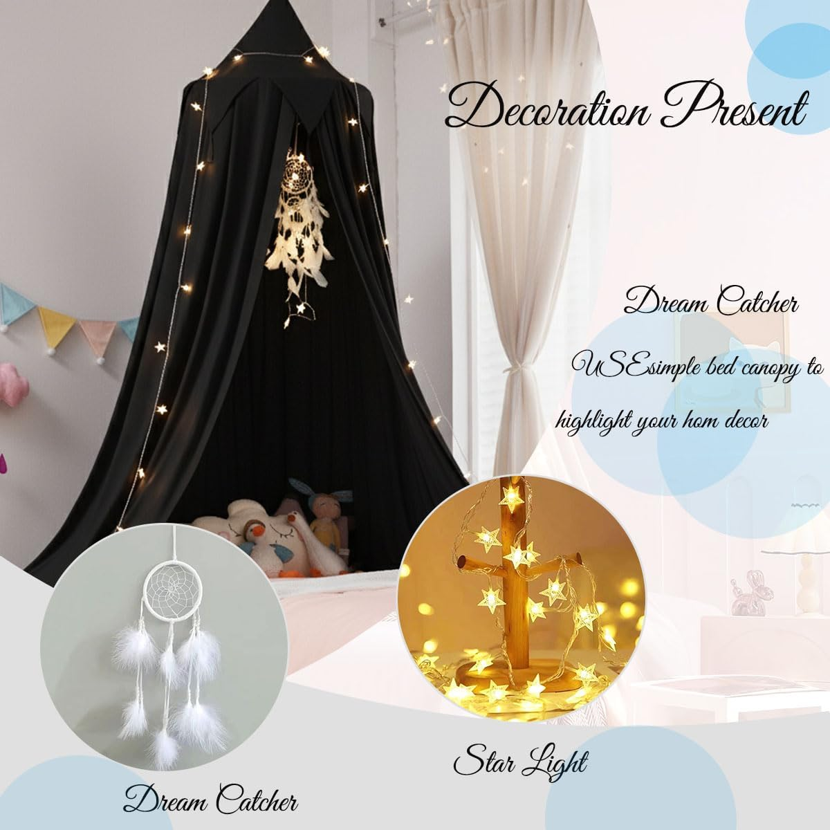 Akiky Bed Canopy for Kids Boys Baby Bed with Lights,Dream Catcher,Hanging Canopy for Indoor Outdoor Castle Canopy for Reading Nook House Decoration (Black) - Green image number 3