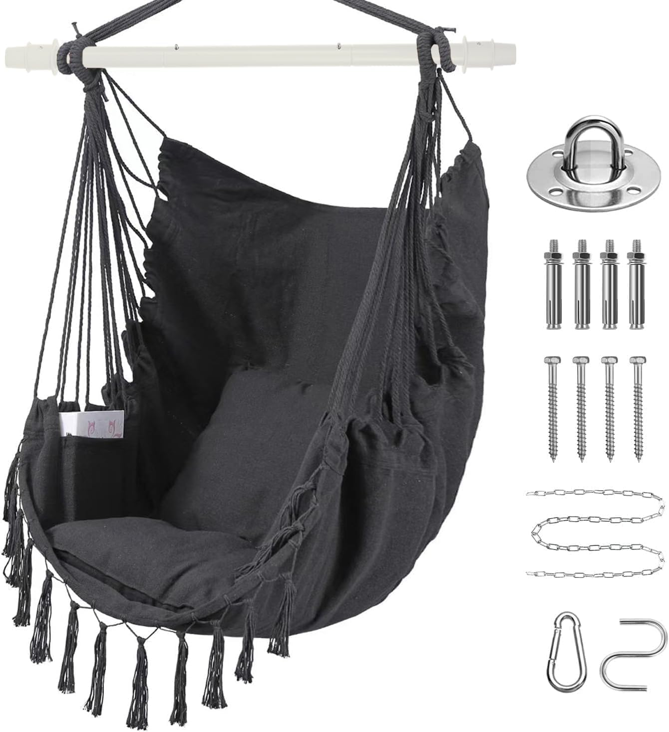 Hammock Chair Hanging Rope Swing Chair with 2 Seat Cushions & Installation Kit, Max 150Kg,Hammock Swing Hanging Chair (Gray) image number 5