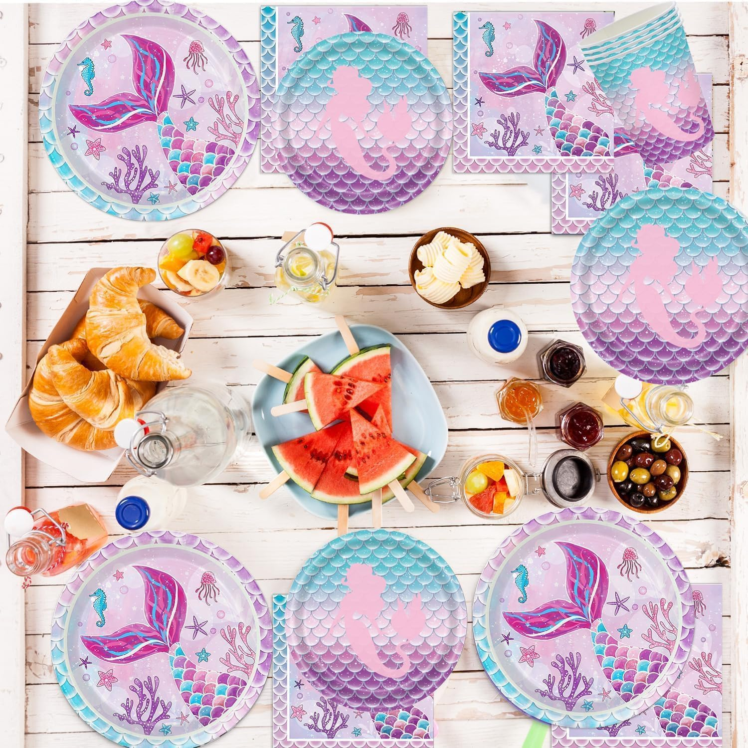 Mermaid Birthday Party Decorations Set Mermaid Reusable Party Supplies Includes Plates, Fork, Cup, Tablecloth, Banner for Ocean Birthday Party Decorations, Serves 24 image number 2