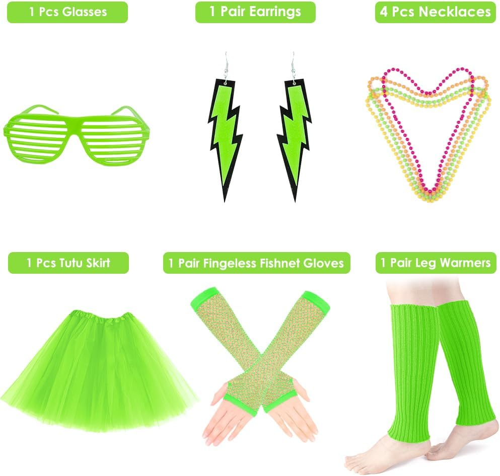 AUTOWT 80S Costumes for Women, 6 Packs 80S Accessories Set with Fishnet Gloves Earrings Necklaces Leg Warmers, Tutu Skirts for 1980S Theme Party Outfits - Black image number 6
