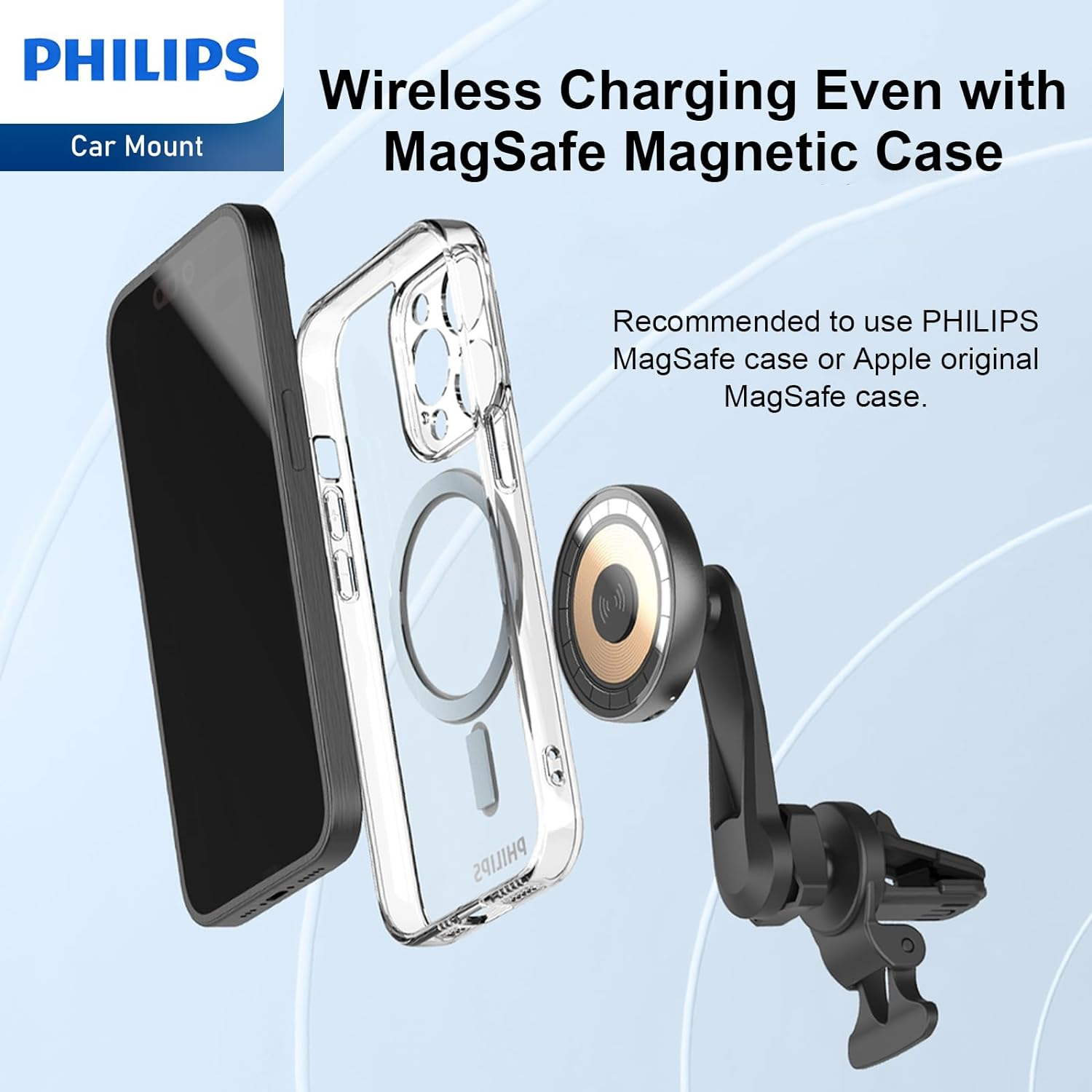 Philips Magnetic Wireless Car Charger Mount, Air Vent for Iphone 16/15/14 plus Pro Max/13/12 Pro Max/12 Mini, 15W Charging Compatible with Magsafe Car Mount, Fast Charging Phone Holder image number 3