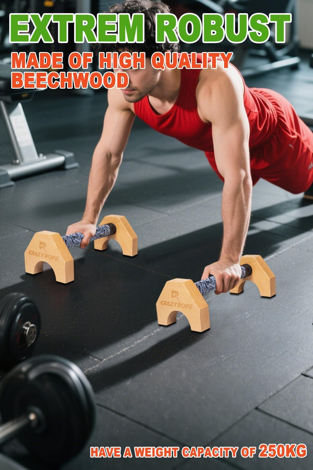 Wooden Parallettes with Wrist Wraps, Push up Bar Push up Handle, Calisthenics Equipment for Fitness, Gymnastics, Aerobics, Home Workout Equipment for Men & Women image number 6