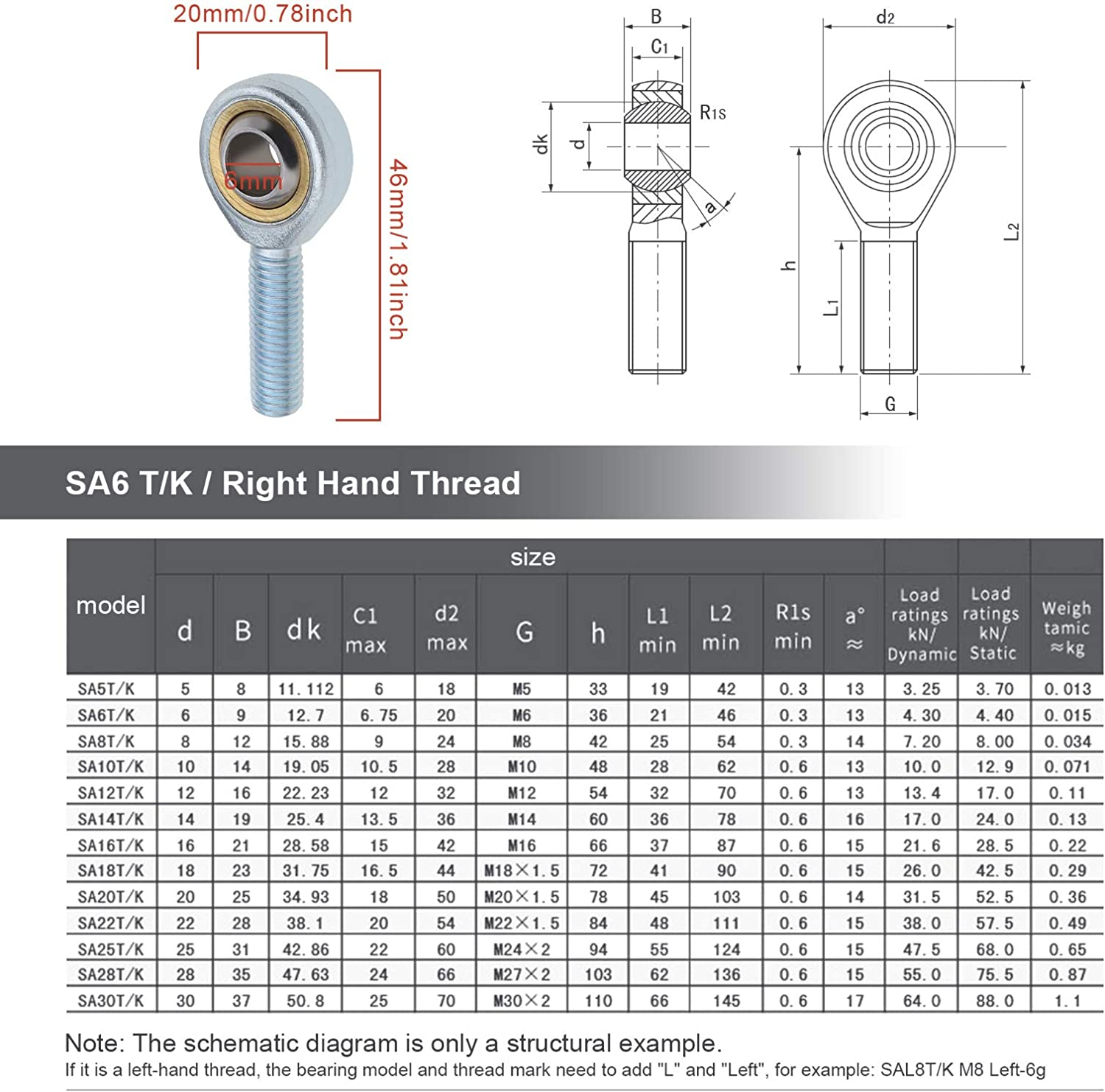 Emsea 4X SA6 T/K Rose Joint Male Rod End Bearings Right Hand M6X1.0Mm Bearing Steel for Hydraulic Cylinder Forging Machine Car Shock Absorber image number 6