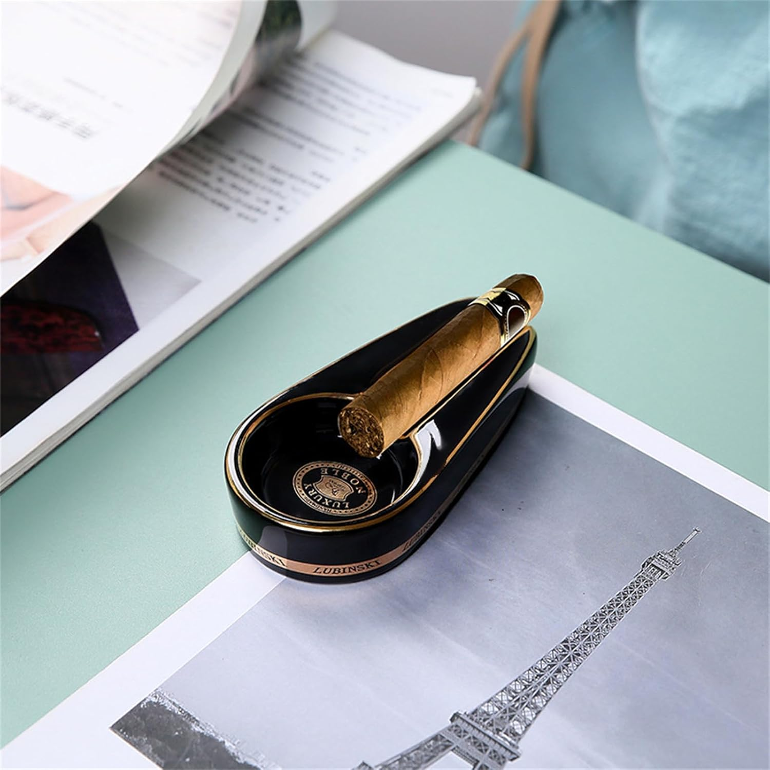 Black Gold Ceramic Cigar Ashtray with Holder, Classic Cigar Gilt Ash Tray for Home Office Patio image number 1