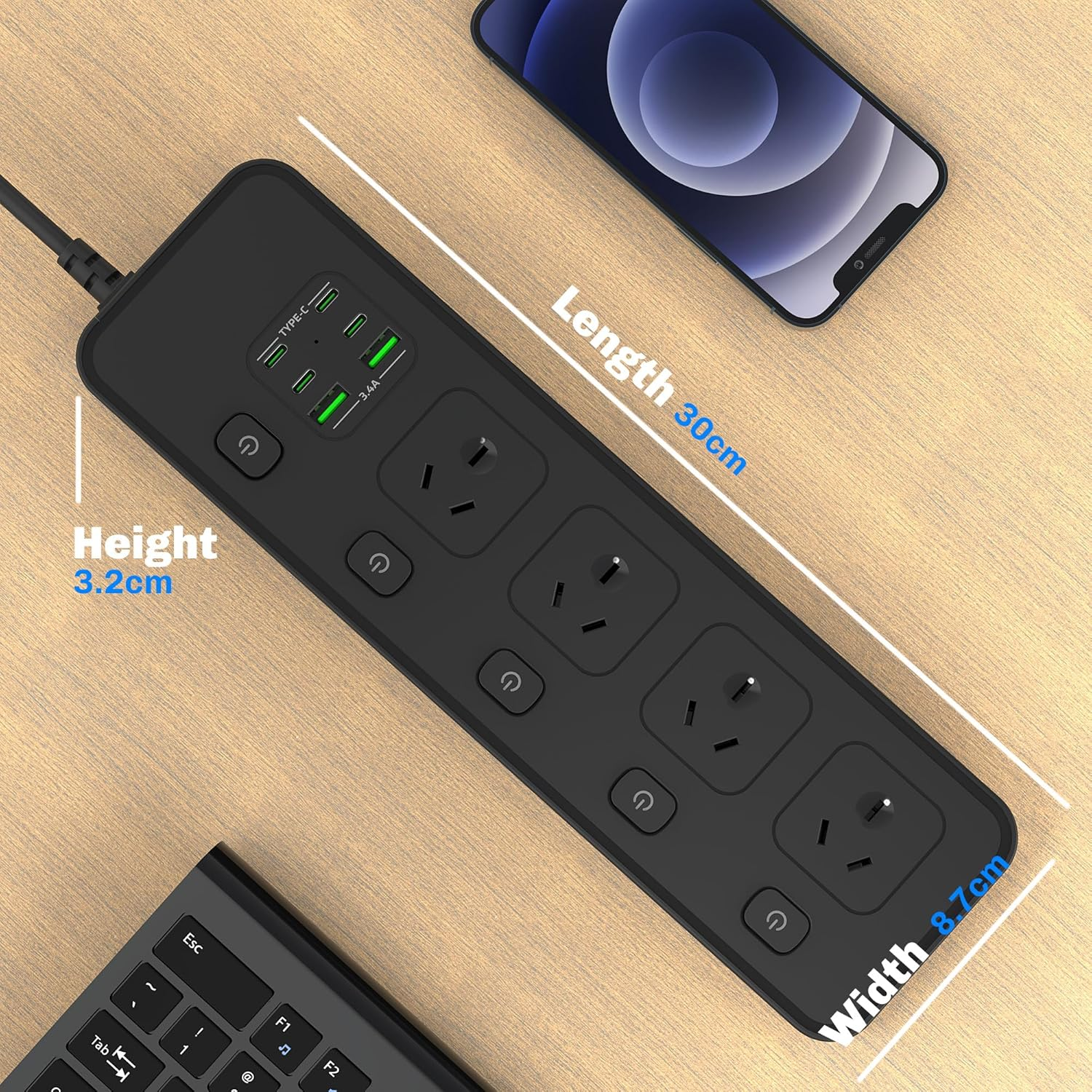 Power Board USB, 2M Black Durable Extension Cord with 4 AC Outlets, 5 Switches, 2 USB-A/4 USB-C Ports Power Strip, Overload, Surge Protection,Wall Mountable Power Board for Office, Home image number 5
