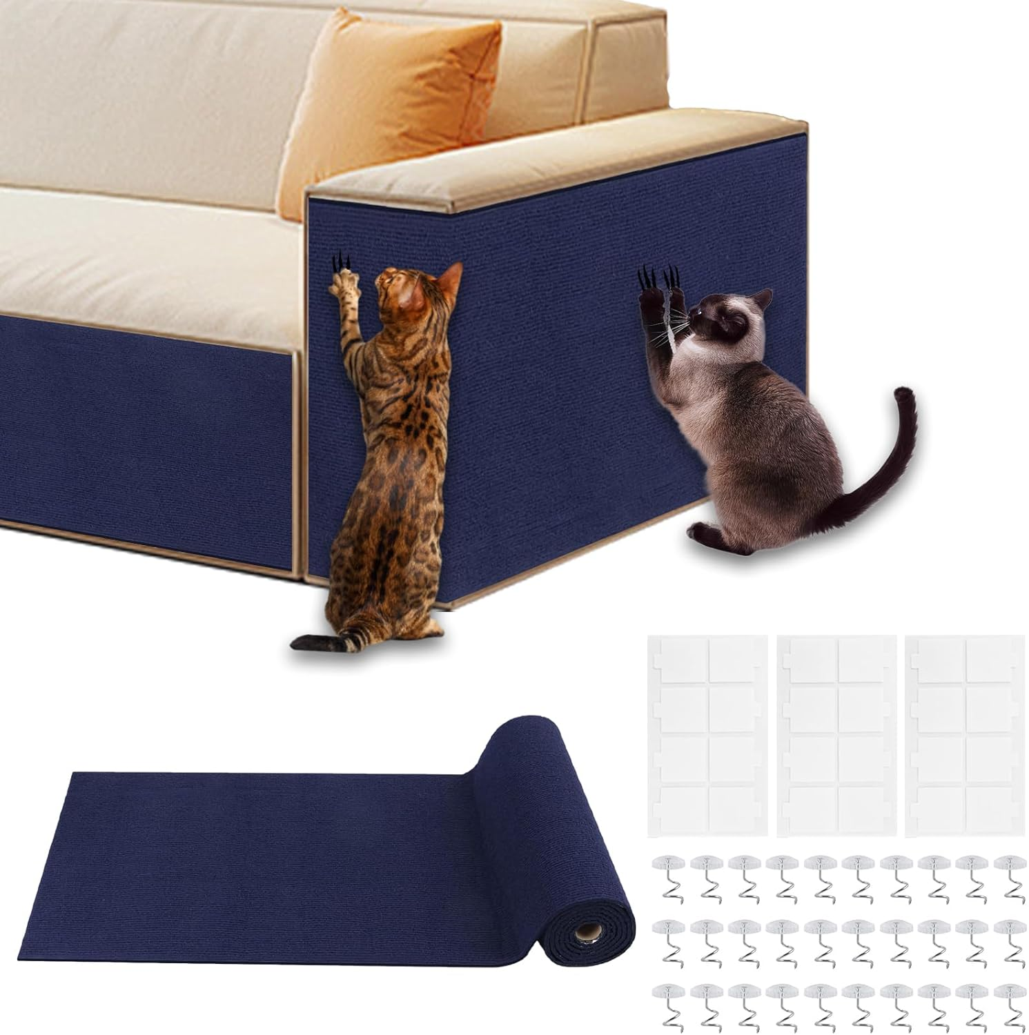 Cat Scratch Furniture Protector, 78.7"X15.8" Large Self-Adhesive Mat, Trimmable Scratch-Resistant Carpet for Sofa, Wall, Cat Tree & Door Protection, Durable Indoor Cat Scratcher (Dark Blue) image number 2