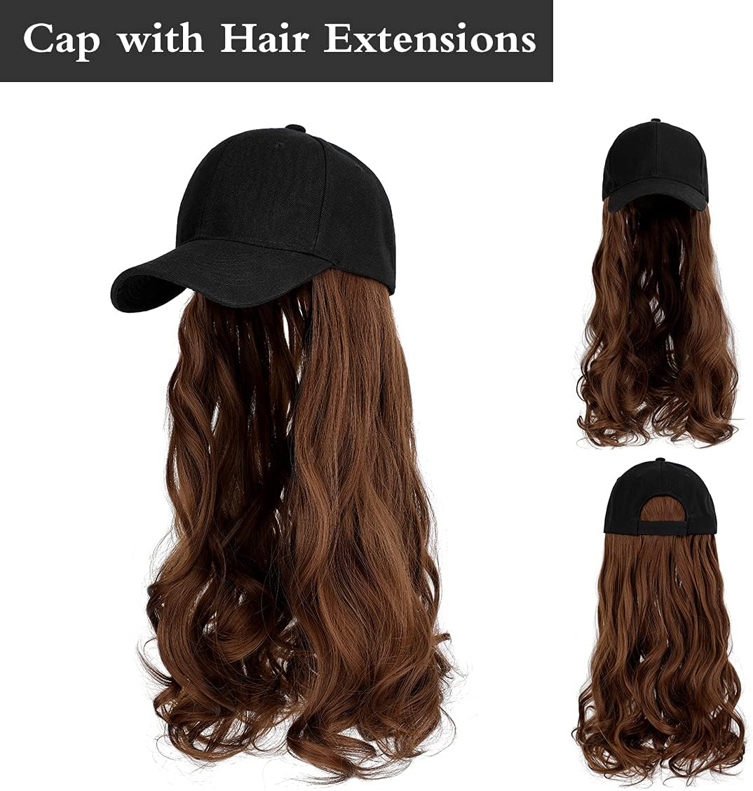 Aynnqueen Baseball Cap with Hair Extensions for Women Adjustable Hat with Synthetic Wig Attached 24Inch Long Wavy Hair Black Baseball Cap image number 2
