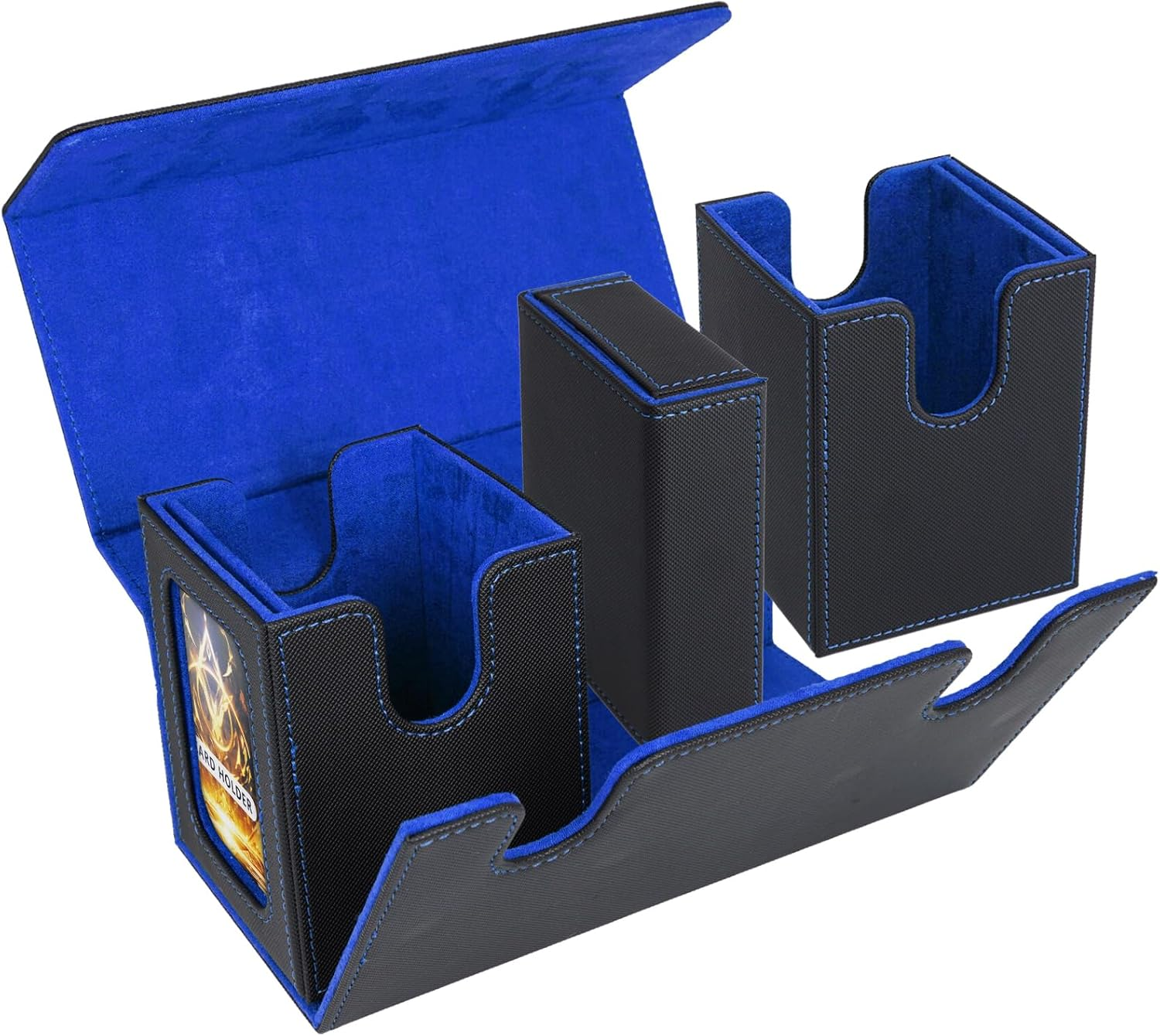 AFIING MTG Commander Card Storage Box - Fits 200 Double Sleeved Cards,3-In-1Card Deck Case,Strong Magnet Card Organizer for Magic Commander TCG Ccg,4Dividers &2 Toploaders, Black/Blue image number 3