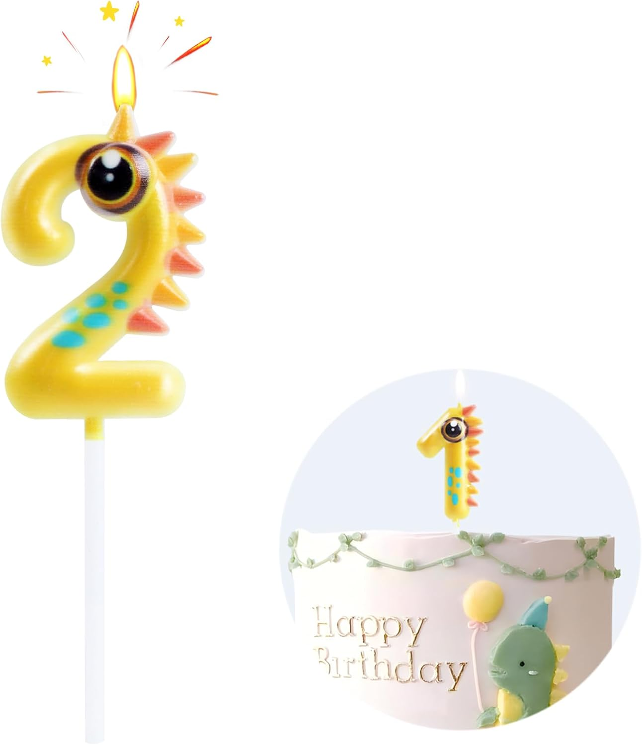 Yellow Dinosaur 2 Birthday Candle 1.96 Inch Dino Number 2 Candle Birthday Girl Boy Happy 2Nd Dinosaur Theme Birthday Party Supplies Decoration image number 1