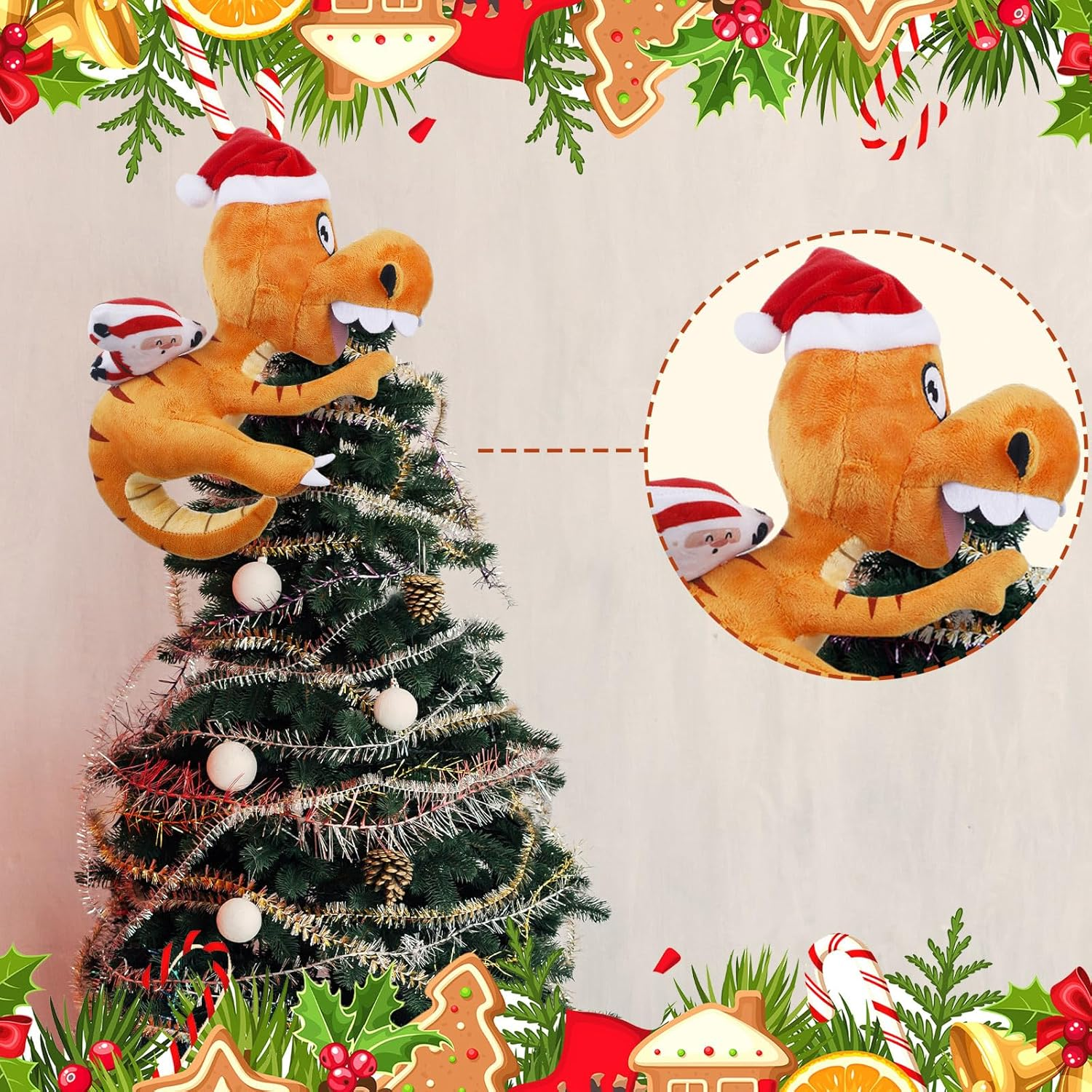 Shappy Christmas Tree Topper 10 X 8 Inch Large Funny Animal Tree Topper Plush Hanging Christmas Ornaments Cute Adorable Xmas Decorations for Holiday Birthday Party Favors - Dinosaur image number 2