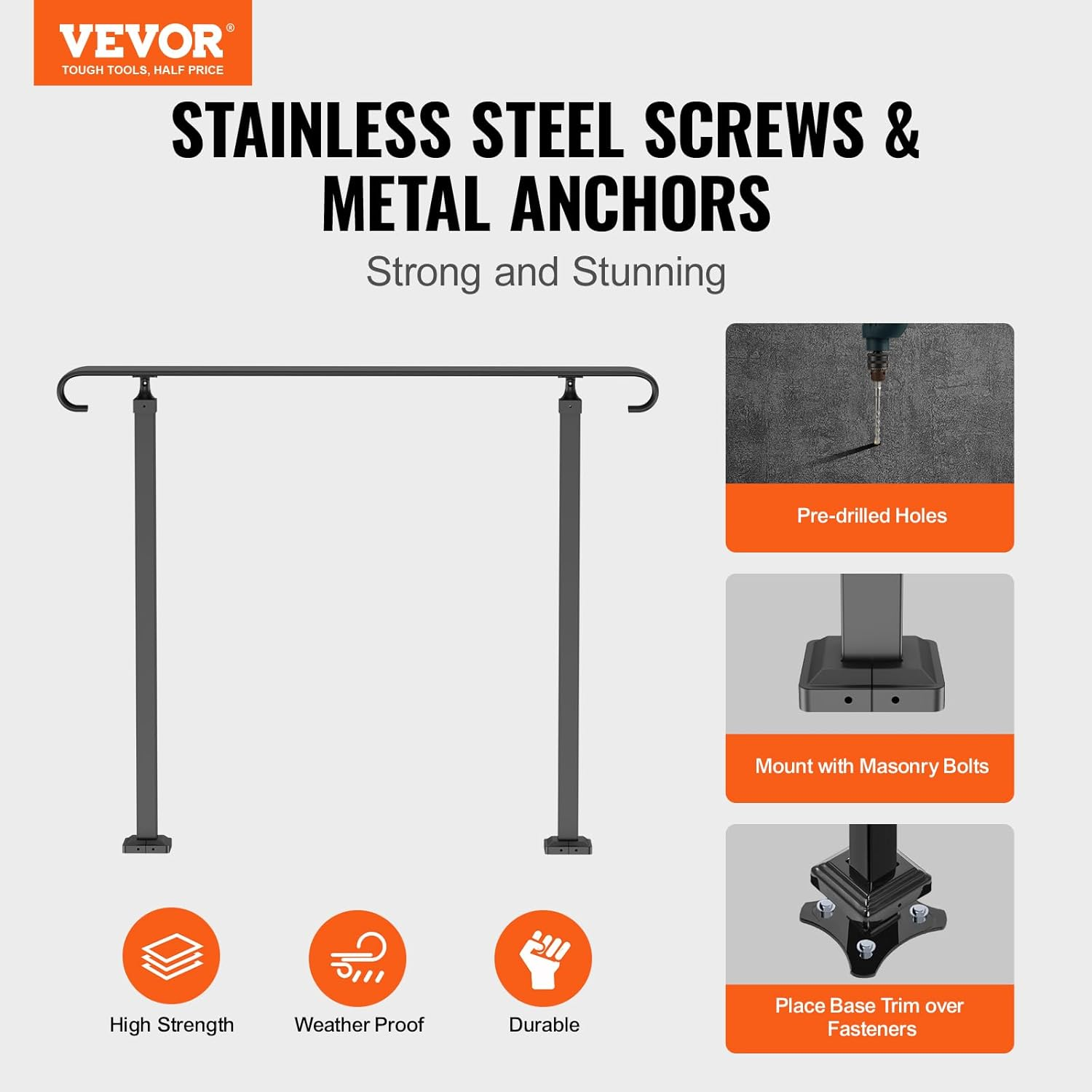 VEVOR Handrail for Outdoor Steps, 2-3 Steps Flat Outdoor Handrail, Adjustable Wrought Iron Staircase Handrail, Thickened Stair Railings for Porch Railing image number 4
