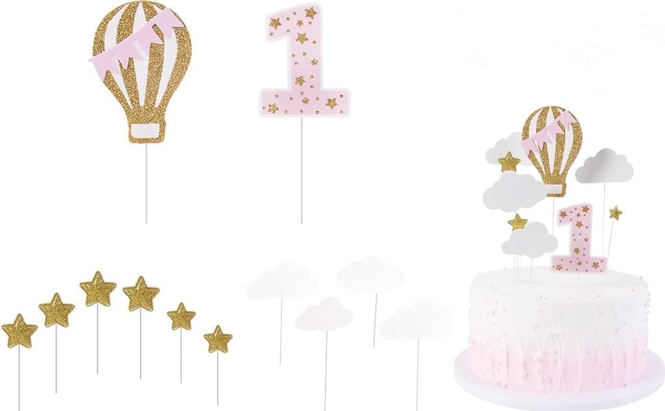 12 Pack Hot Air Balloon Cake Topper with White Cloud Little Stars for Boys First Birthday Party Decorations (Pink) image number 1