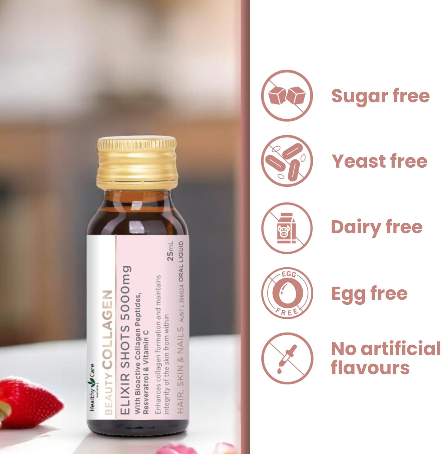 Healthy Care Beauty Collagen Elixir Shots - Enhances Skin Elasticity, Supports Hair and Nail Growth - Premium Dietary Supplement - Infused with Verisol Collagen, Resveratrol & Vitamin - 5000 Mg image number 2