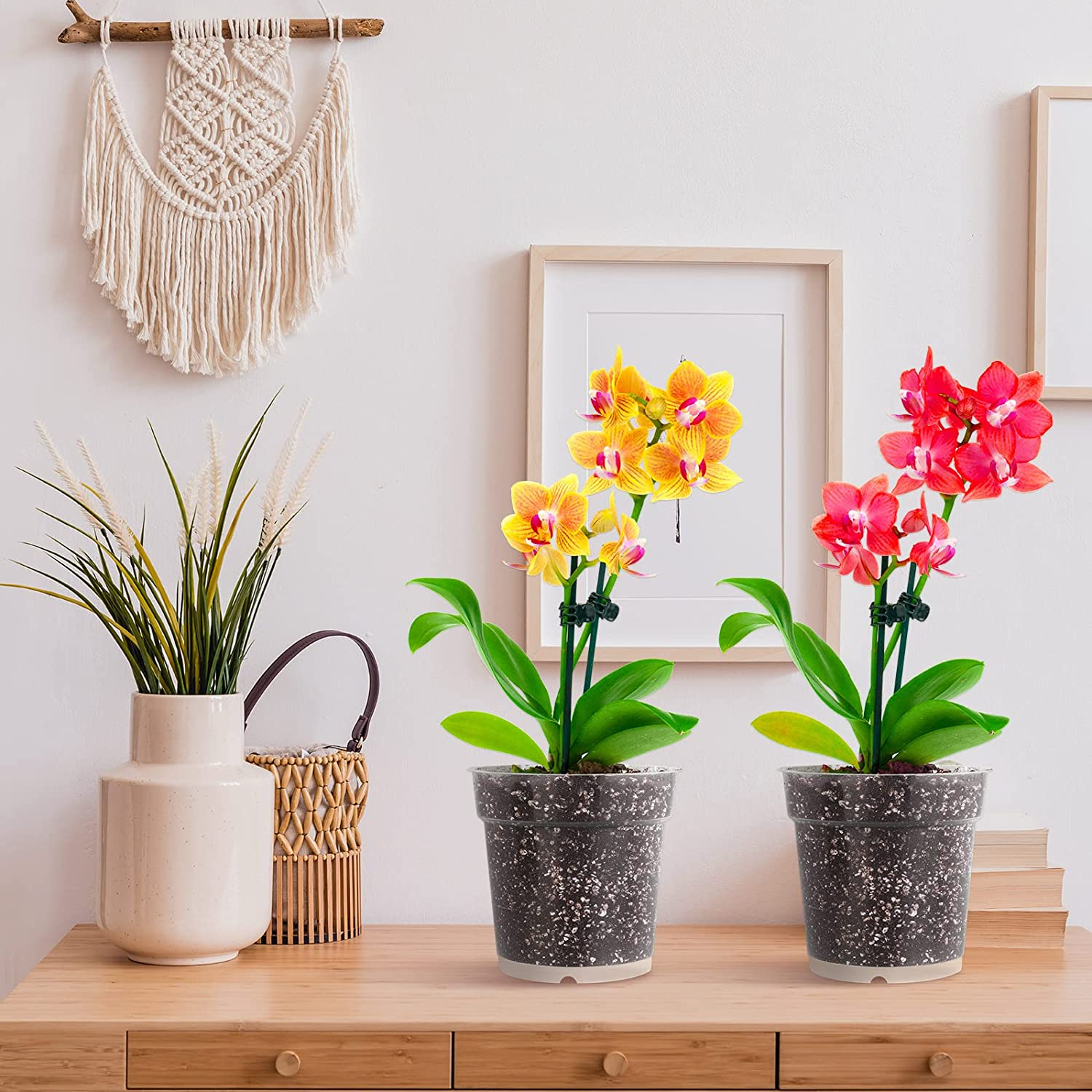 Durony 12 Pack 4.5 Inches Clear Orchid Pots with Holes Flower Plant Pot Durable Plastic Planter with 12 Pieces Plant Labels Great Drainage for Seedlings Planting