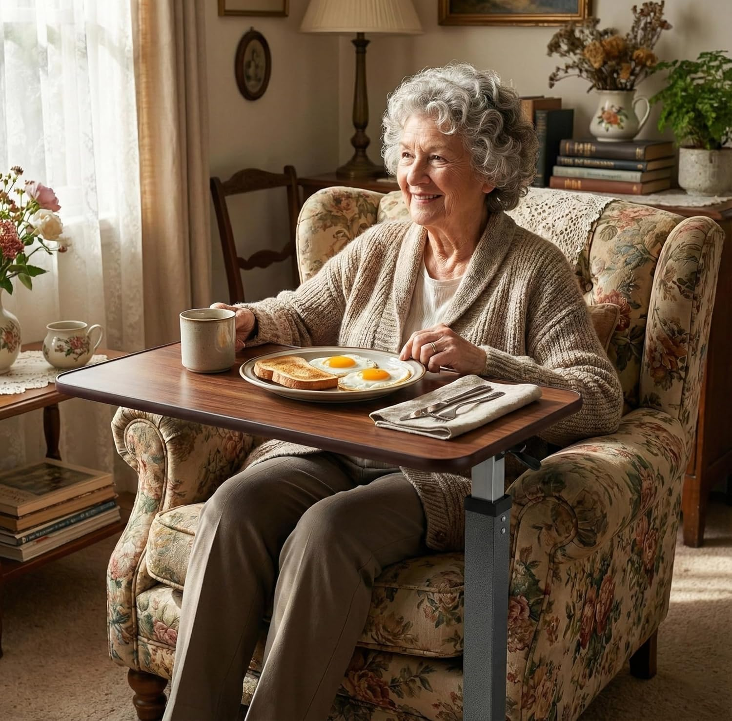 Altus Overbed Table Gas Lift Mechanism Steel Frame Laminate Top Walnut