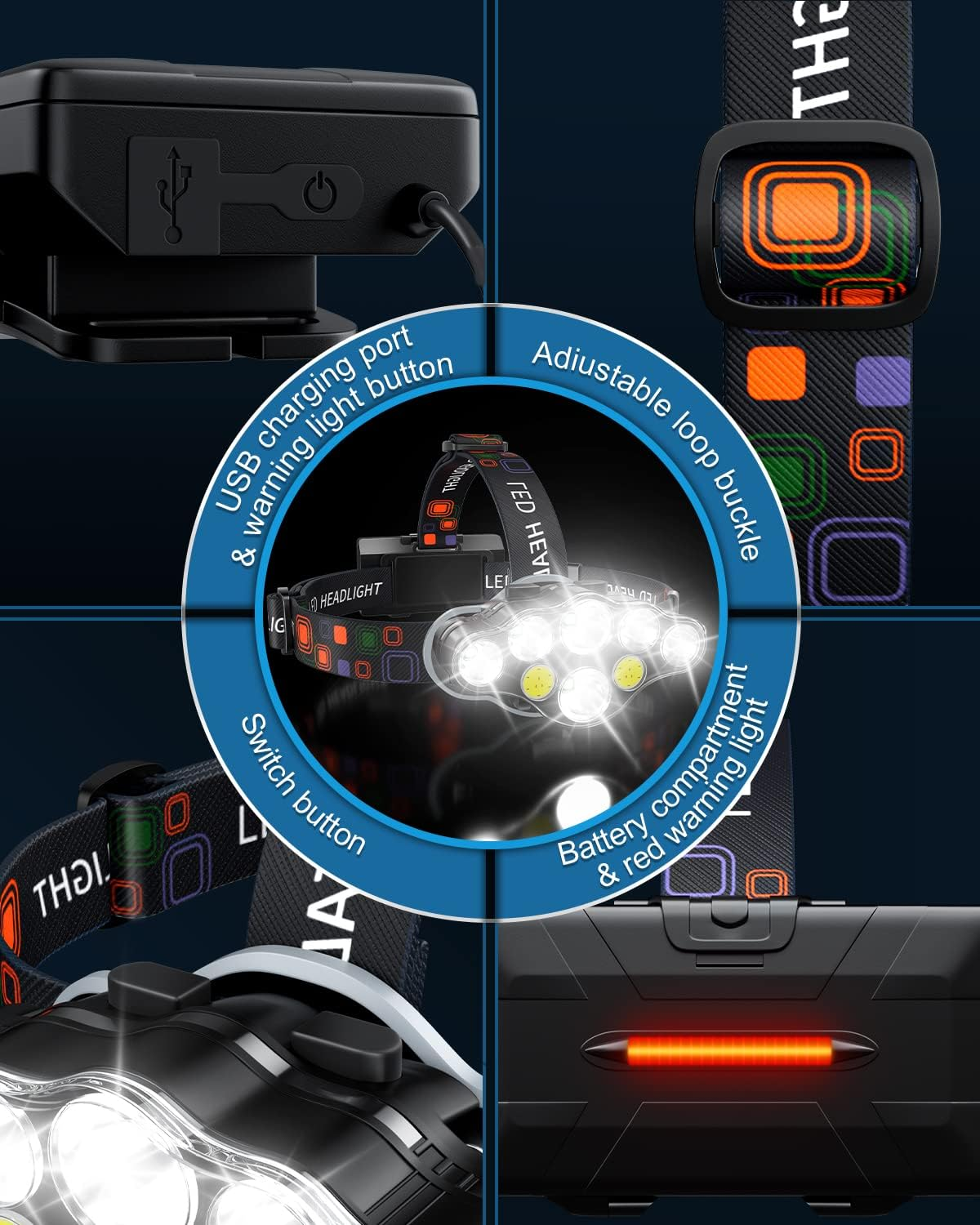 Rechargeable Headlamp, 8 LED Bright Headlamp with Red Light, IPX4 Waterproof USB Headlight, Head Lamp, 8 Modes for Outdoor Running Hunting Hiking Camping Gear