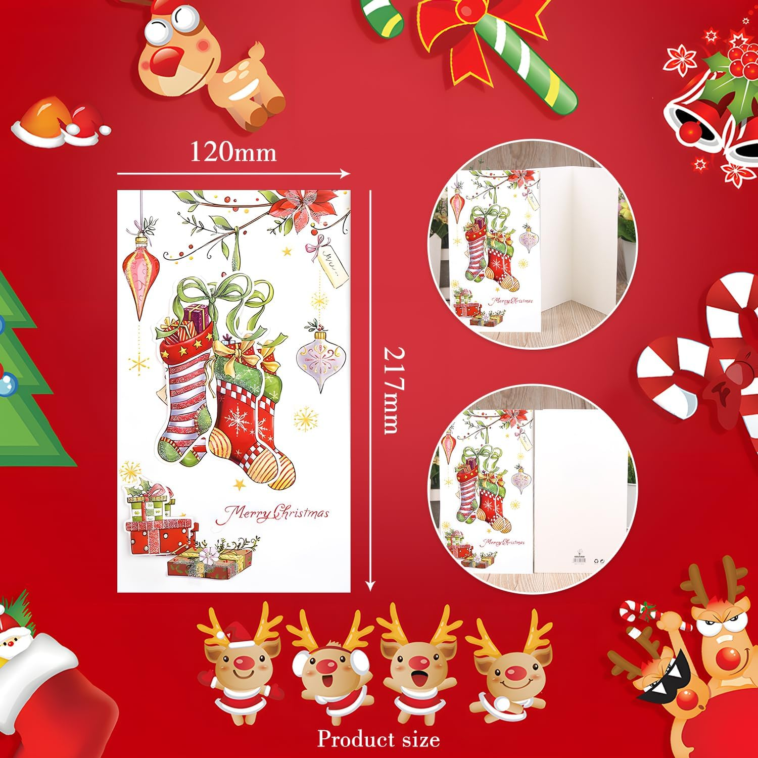 Recycled Christmas Cards with Envelopes (Set of 8), Christmas Folding Cards for Christmas Greetings - White/Red
