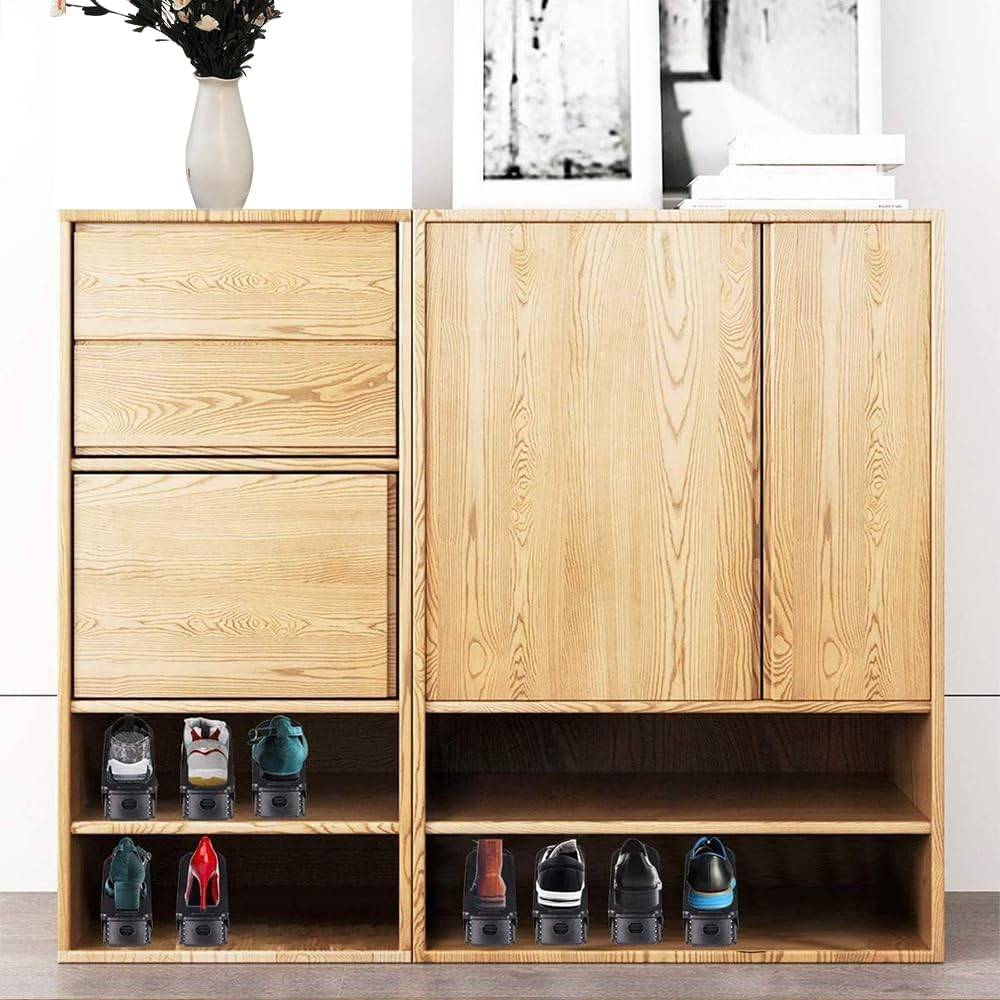 Shoe Slots Organizer Adjustable Shoe Stacker Storage Space Saver 4 Level Double Plastic Shoe Rack Living Room Shoe Storage Cabinet Rack Holder (Black) image number 1