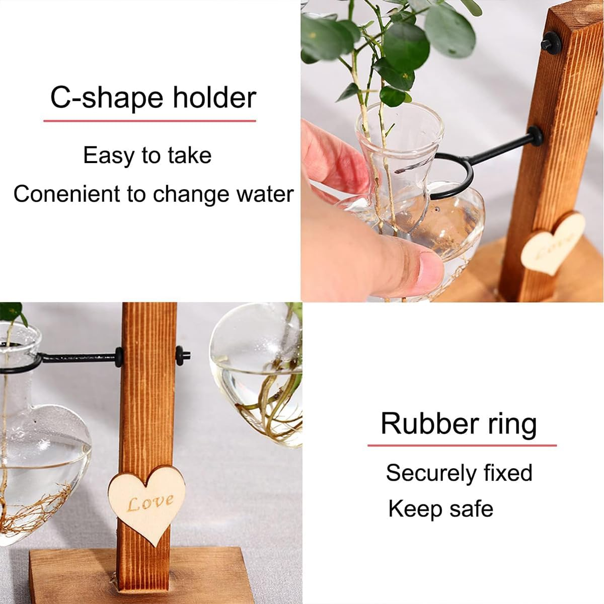 Plant Terrarium with Wooden Stand, Creative Double Heart Glass Hydroponic Vases, Modern Plant Propagation Station Desktop Planter Bulb Vase for Home Garden Office Decoration image number 6