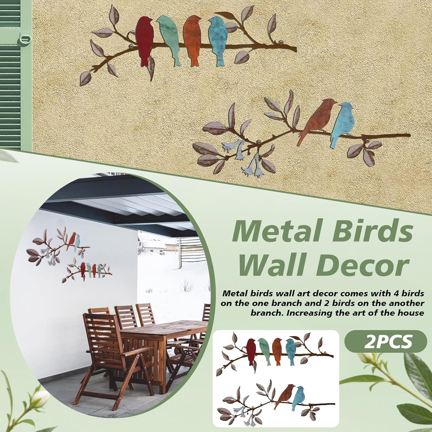 2 Pcs Metal Birds Hanging Bird Picture Wall Decor, Vivid Birds on Branch Art, Metal Silhouette Sculpture, Colorful Leaves Rustic Decor, for Balcony Garden, Indoor & Outdoor (Black) image number 1