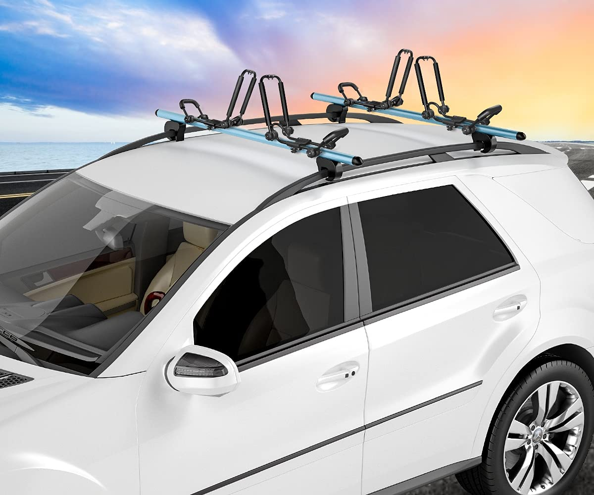 One Pair Fold down J Bar Kayak Rack Designed Mounts to Virtually All Crossbars and Load Bars Double Folding J Bar Car Roof Carrier for Kayak Canoe Surf Board and SUP Paddle Boat (1 Pair)