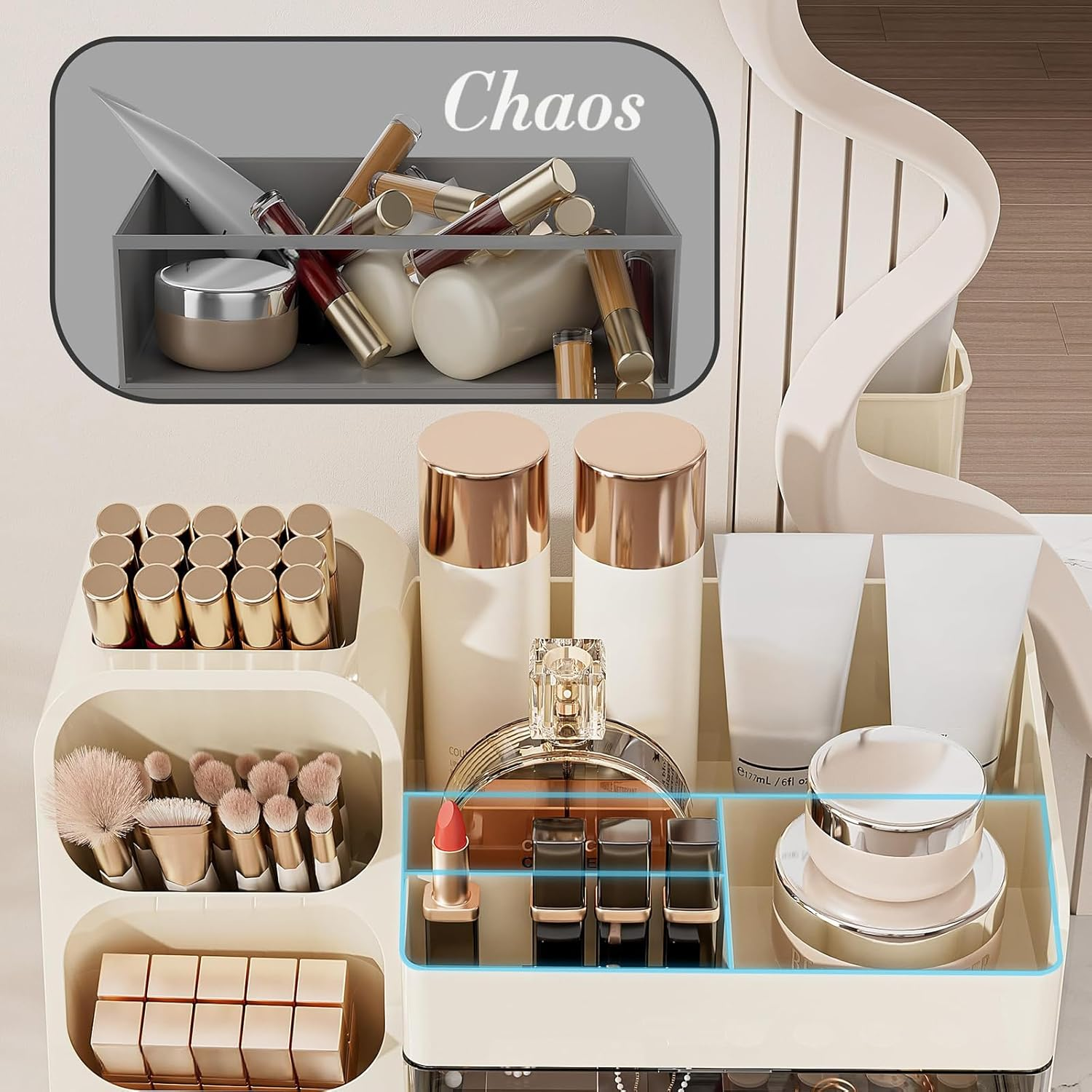 Multi-Tier Vanity Makeup Organizer with Drawers - Built-In Brush Holder for Bathroom, Spacious Cosmetic Storage Case Bathroom Skincare & Beauty Organizer for Essentials (Beige)