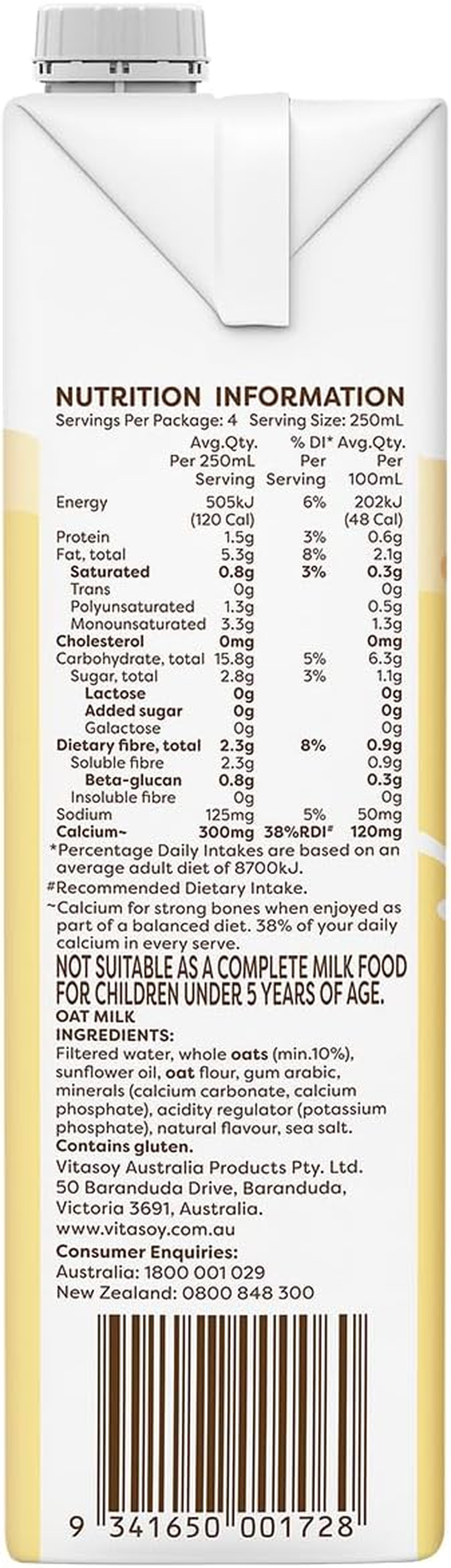 Vitasoy Unsweetened Long Life Oat Milk 1L image number 3