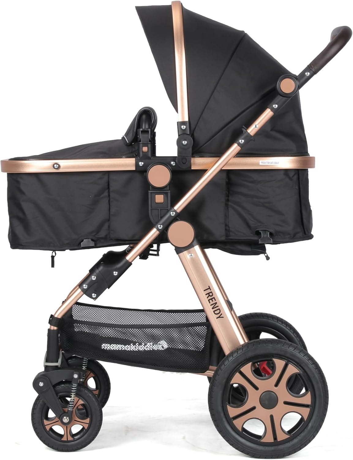 Mama Kiddies Trendy Black Gold Convertible 2In1 Aluminium Alloy Pram Stroller Bassinet Rain Cover, Foot Cover, Cup Holder, Inner Cushion, Mosquito Net Included image number 2