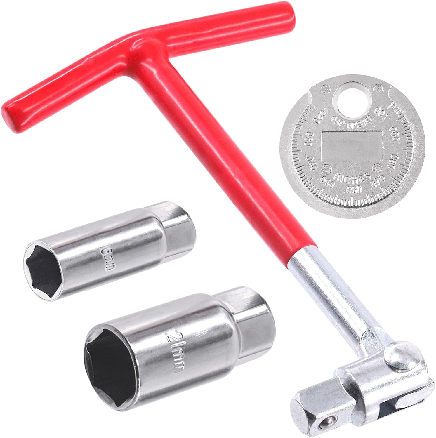 4Pcs Professional T-Handle Spark Plug Socket Wrench with 16Mm(5/8") 21Mm(13/16") Spark Plug Socket and Spark Plug Gap Gauge, Universal Joint Spark Plug Removal Tool Set for Lawn Mower Vehicle image number 3