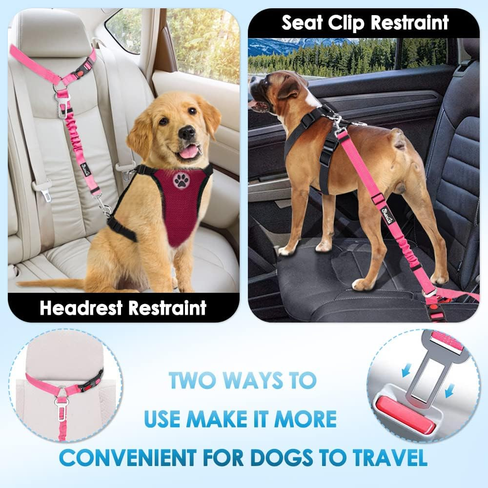 Slowton Dog Car Seat Belt, 2 Pack Headrest Restraint Seatbelt with Bowl, Adjustable Pet Safety Leads with Reflective Elastic for Dog Travel Daily Use (Fluorescent Pink, 2 Headrest + Clip + 1 Bowl) image number 5