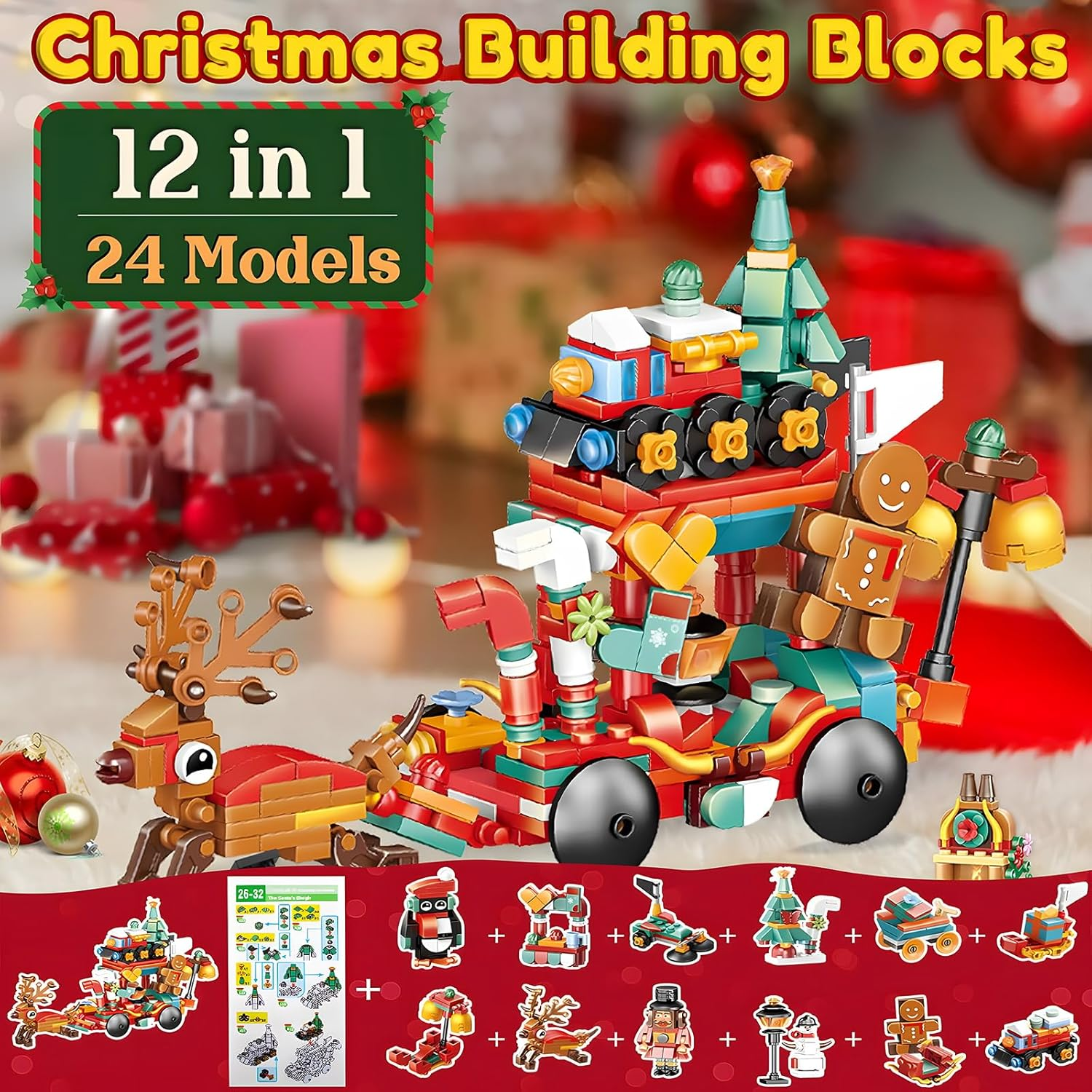 Christmas Building Blocks Advent Calendar 2025, Christmas Reindeer Sleigh Building Set 24 Days Surprises Advent Countdown Gift Box for Kids 6-12 Year, Xmas Santa Elk Sleigh Block STEM Toys Age 6+ image number 1